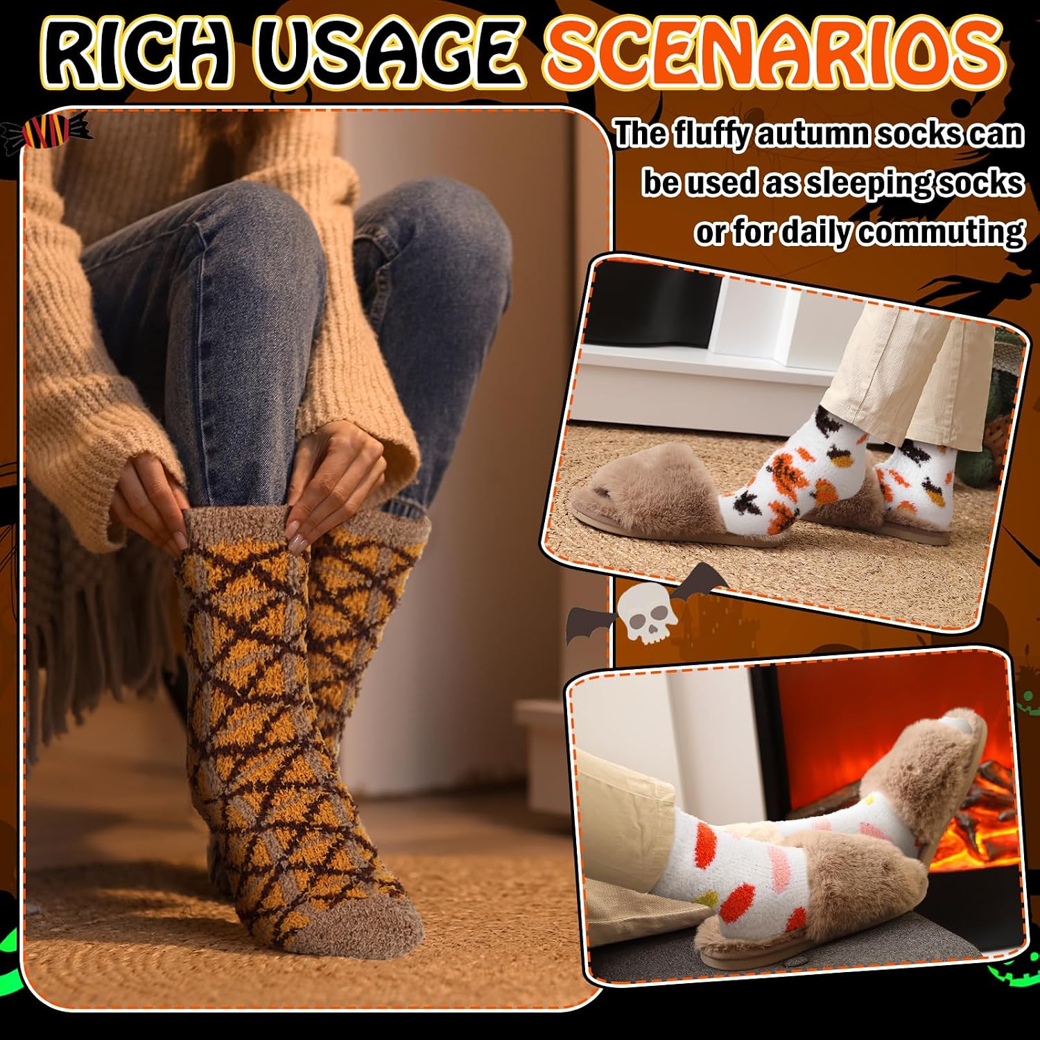 8 Pair Halloween Fuzzy Sock for Women Novelty Pumpkin Ghost Bat Boo Stocking Unisex Socks for Winter Sports Gifts