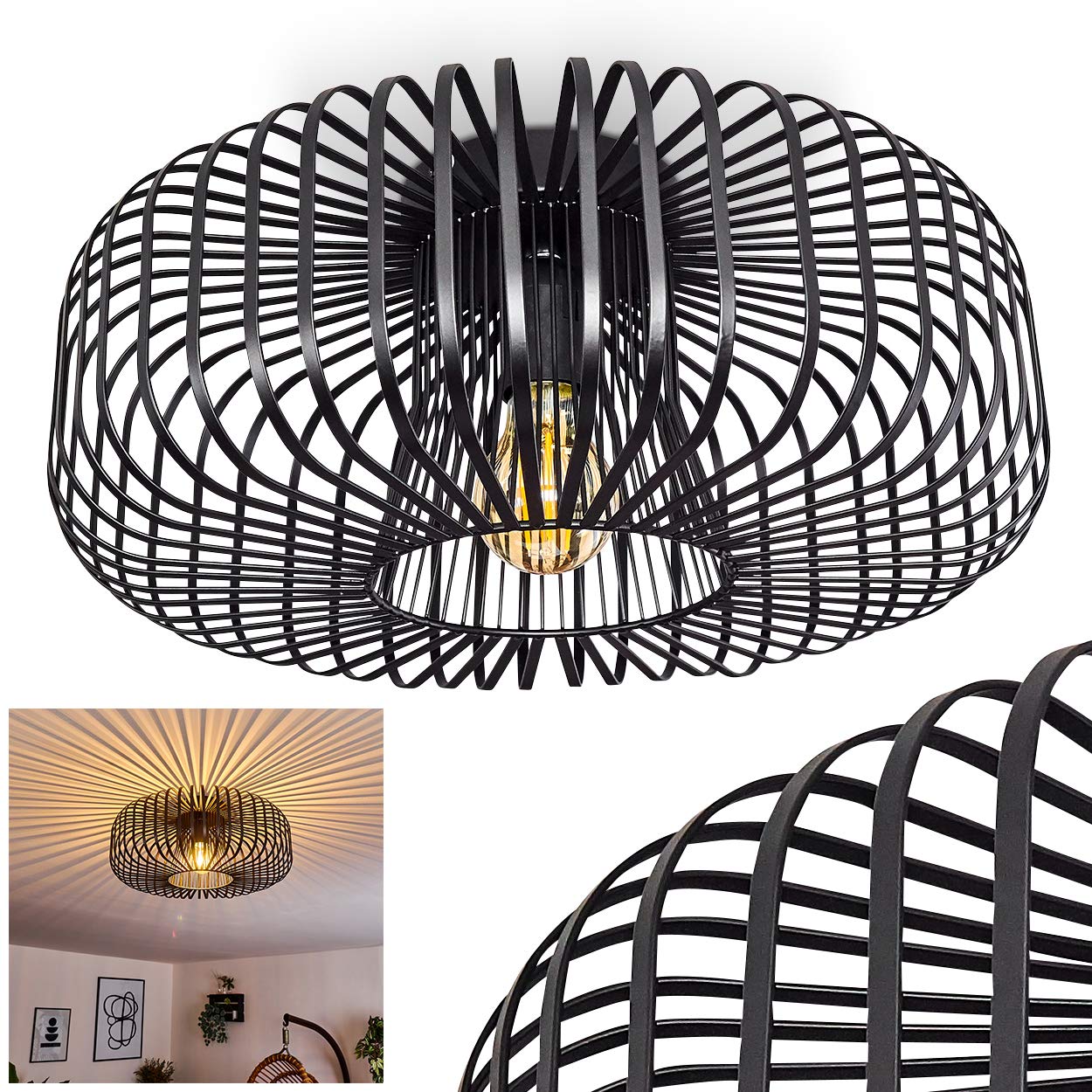 HOFSTEIN Deckenleuchte Wemude, runde Deckenlampe Wohnzimmer, Schlafzimmer - 1-flammige Metall Lampe Schwarz, E27-Fassung, Retro-Leuchte mit Spannendem Lichteffekt, Ø 40 cm, Modern für Innenbereich
