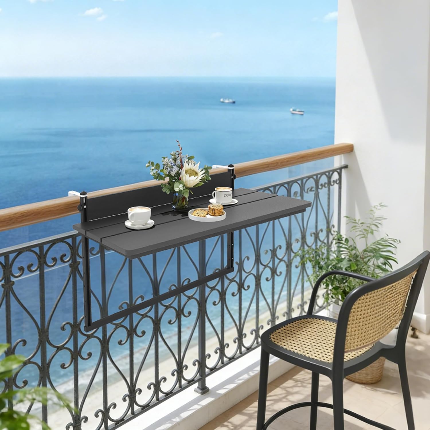 Sundale Outdoor 32" Large Folding Balcony Table for Railing, Patio HDPE Bar Adjustable Hanging Table for Baluster Garden Deck, Black