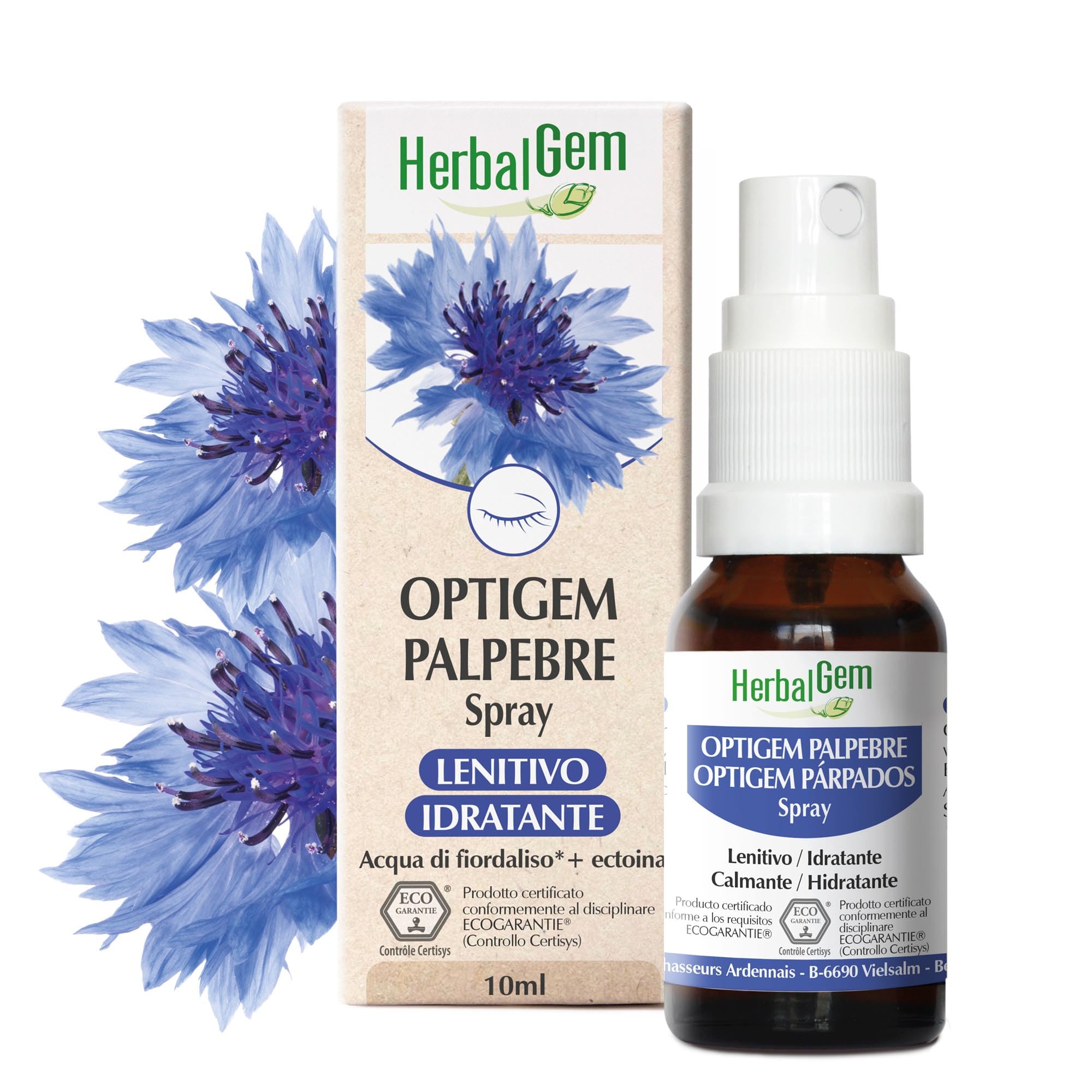Herbalgem- Spray Palpebre Bio Optigem - Sollievo per Occhi Stanchi e Irritati - Spray Idratante Lenitivo al Fiordaliso -10 ml