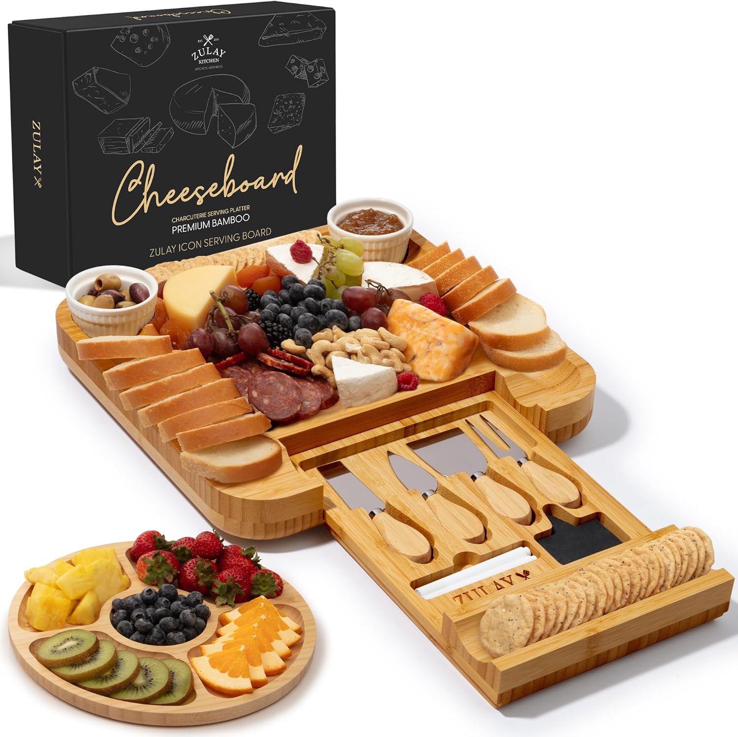 Zulay Kitchen Premium Extra Thick Bamboo Charcuterie Board with 4-Piece Knife Set & Hidden Tray - Perfect for Cheese, Wine & Parties
