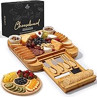Zulay Kitchen Premium Extra Thick Bamboo Charcuterie Board with 4-Piece Knife Set & Hidden Tray - Perfect for Cheese, Wine & Parties
