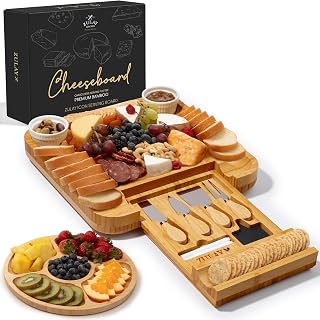 Zulay Kitchen Premium Extra Thick Bamboo Charcuterie Board with 4-Piece Knife Set & Hidden Tray - Perfect for Cheese, Wine & Parties