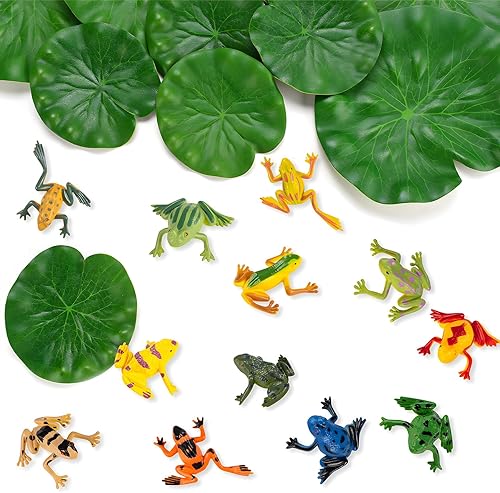 Miniatura 3 de Paquete de 32 mini ranas de plástico para decoración y lirios artificiales, incluye 12 ranas de plástico coloridas y 20 almohadillas flotantes de