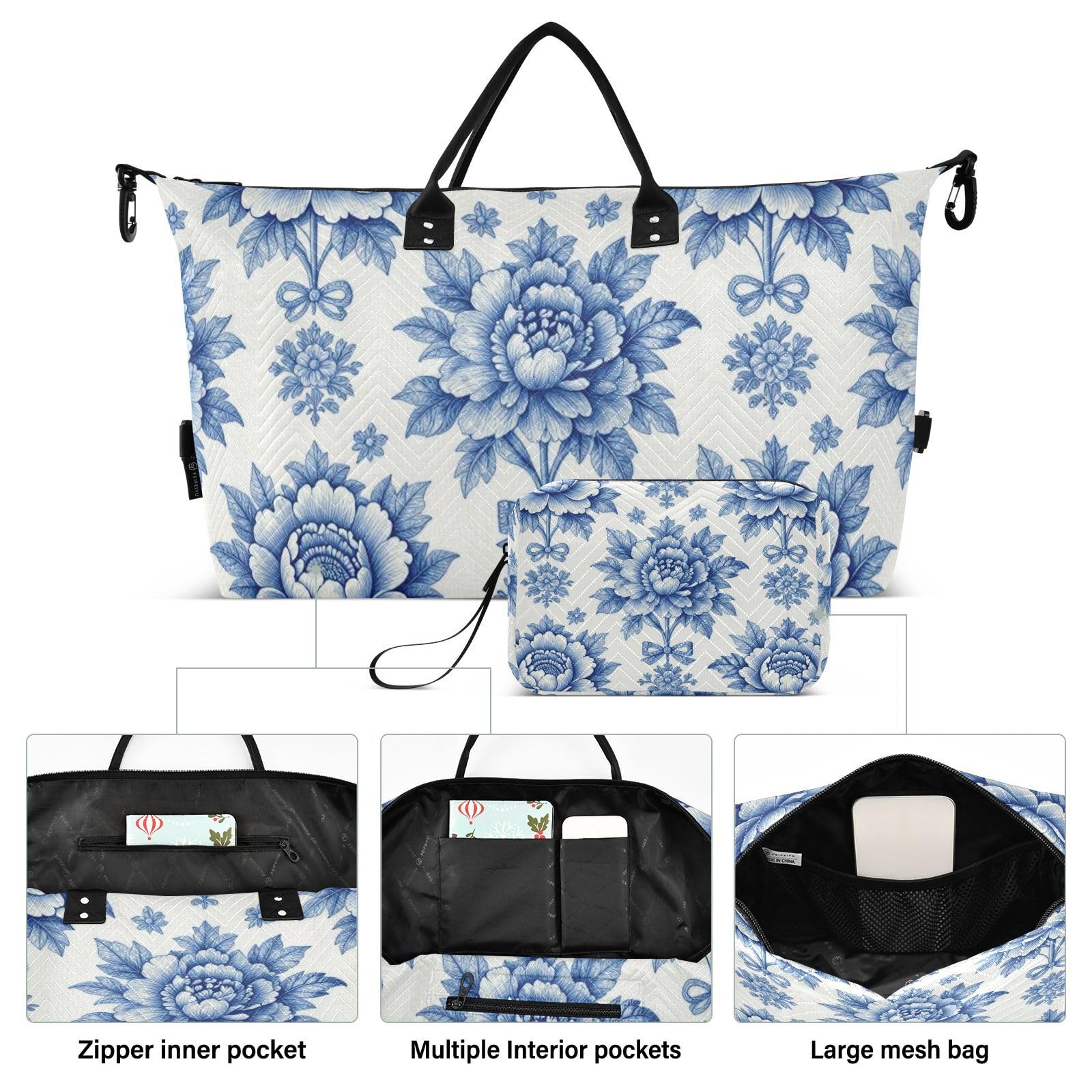 Set di borsone grande e mini sacchetto trapuntato staccabile leggero campeggio, Peonia blu., One Size, Classico