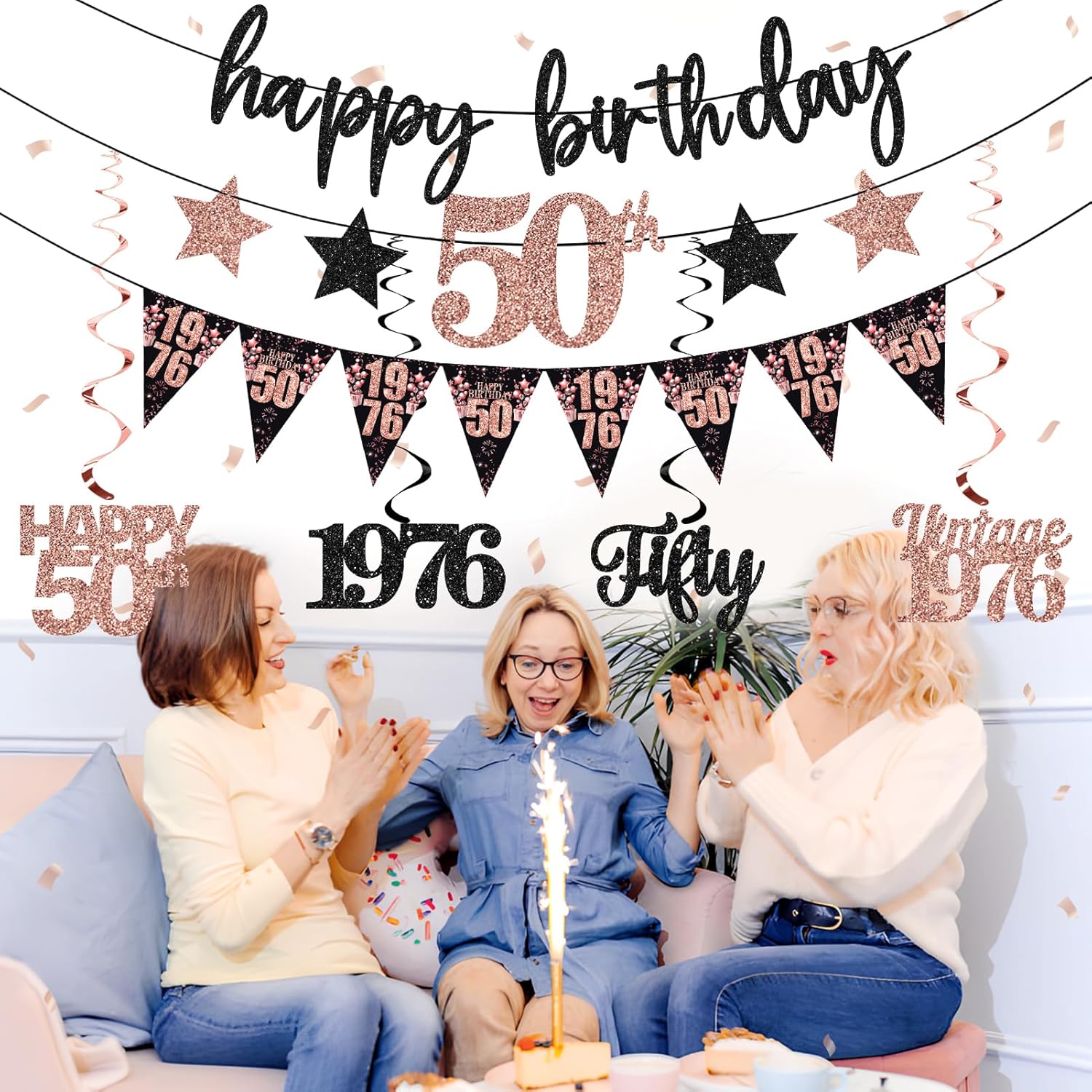 12PCS 50th Birthday Decorations for Women, Rose Gold Vintage 1976 Happy 50th Birthday Banner Triangle Flag Banner Glitter Hanging Swirls Party Supplies, Cheers to 50 Years Old Bday Decor - Image 6