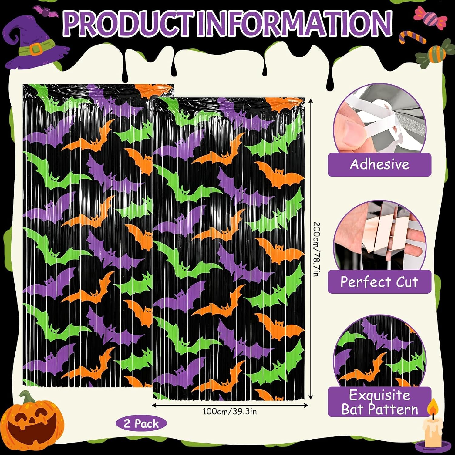 Fayoo 2 Pack Halloween Decorations Glow in Dark Bat Foil Fringe Curtains