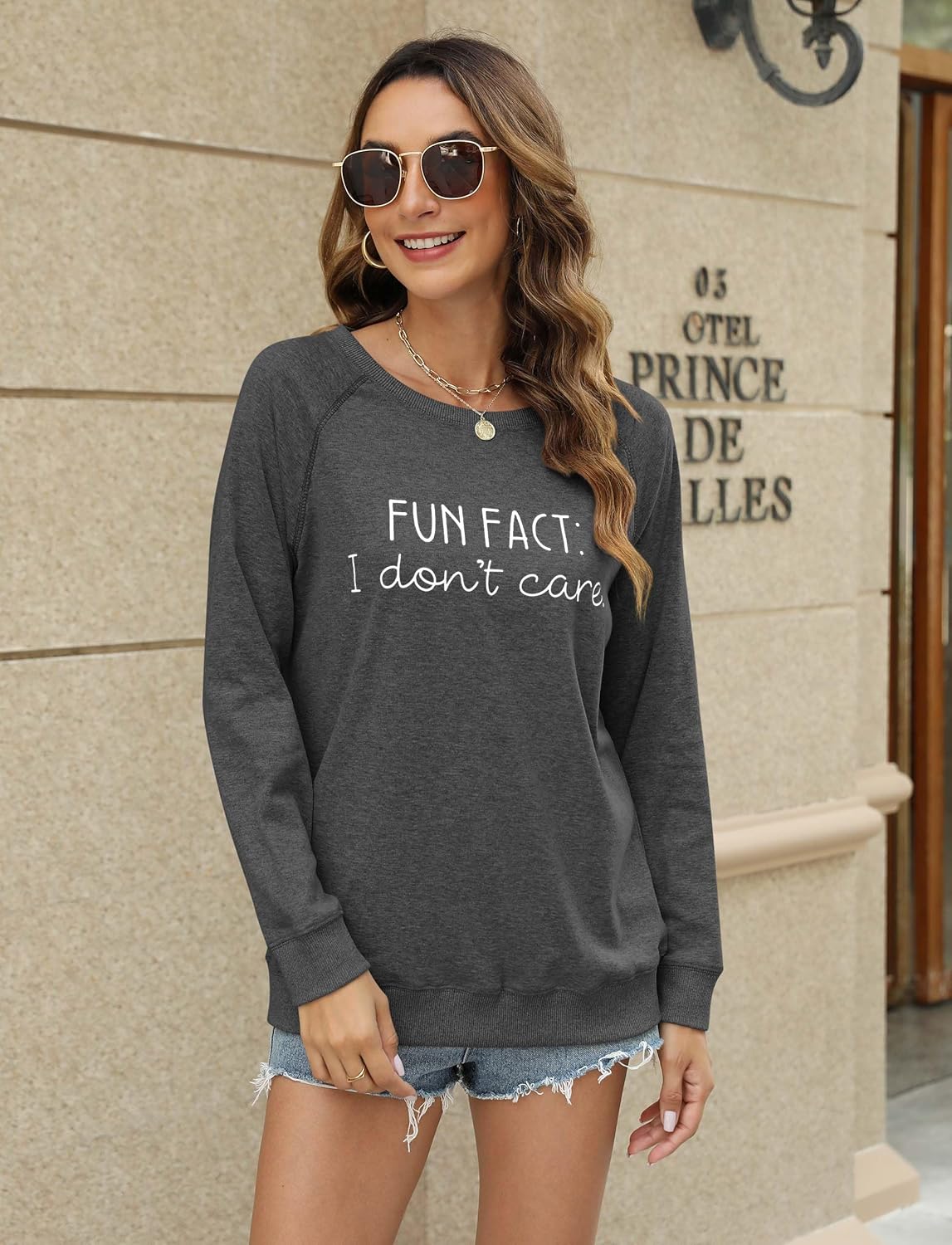 EADINVE "FUN FACT: I don't care Letter Print Women's Crewneck Sweatshirt Raglan Long Sleeve Casual Pullover Tops - Image 2