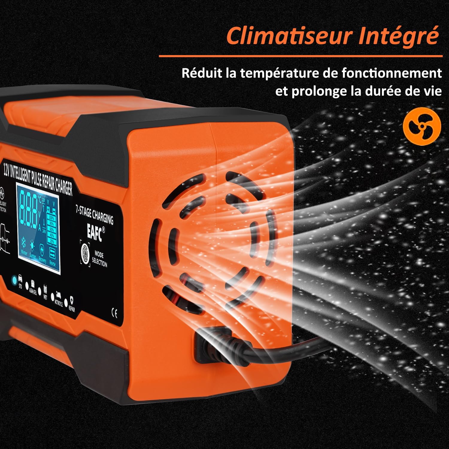 Chargeur de Batterie Voiture 12A 12V Intelligent, Maintien de Charge Batterie Voiture pour Batterie au Plomb, STD, AGM, Gel, SLA, Moto, Câble 2 m, Commande Tactile, Compensation de Température