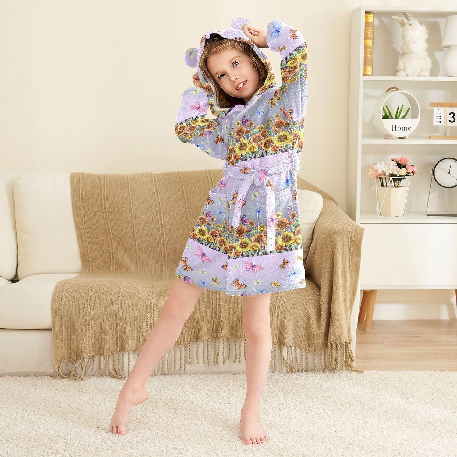 senya Beautiful Coreopsis Flowers Toddler Hooded Bathrobe Kids Soft Plush Bath Towel Robes for Boys Girls 2-12 Years