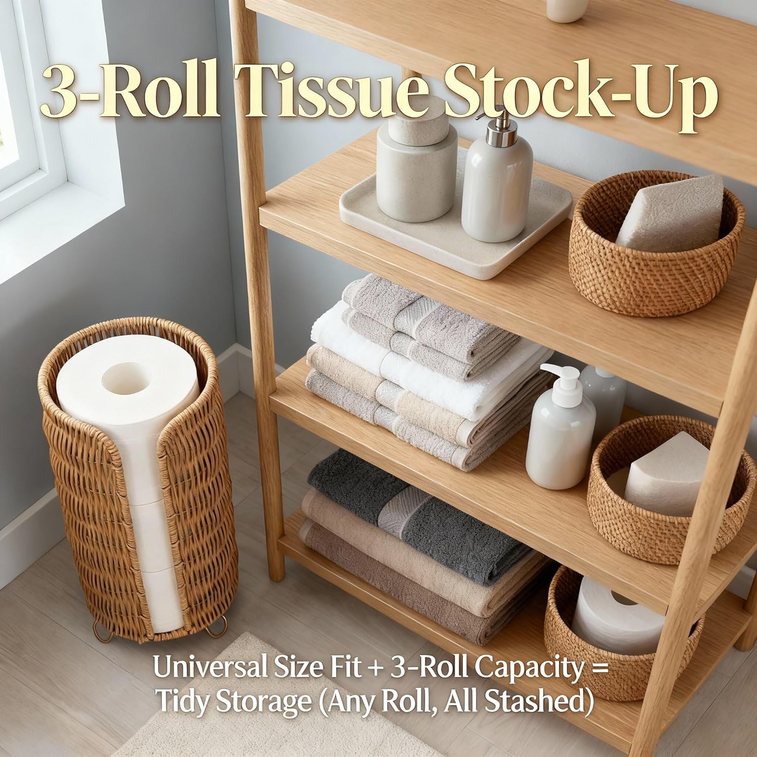 Freestanding Rattan Toilet Paper Holder, Bathroom Storage Organizer Holds 3 Rolls, Space Saving Wicker Toilet Roll Stand for Bathroom Decor