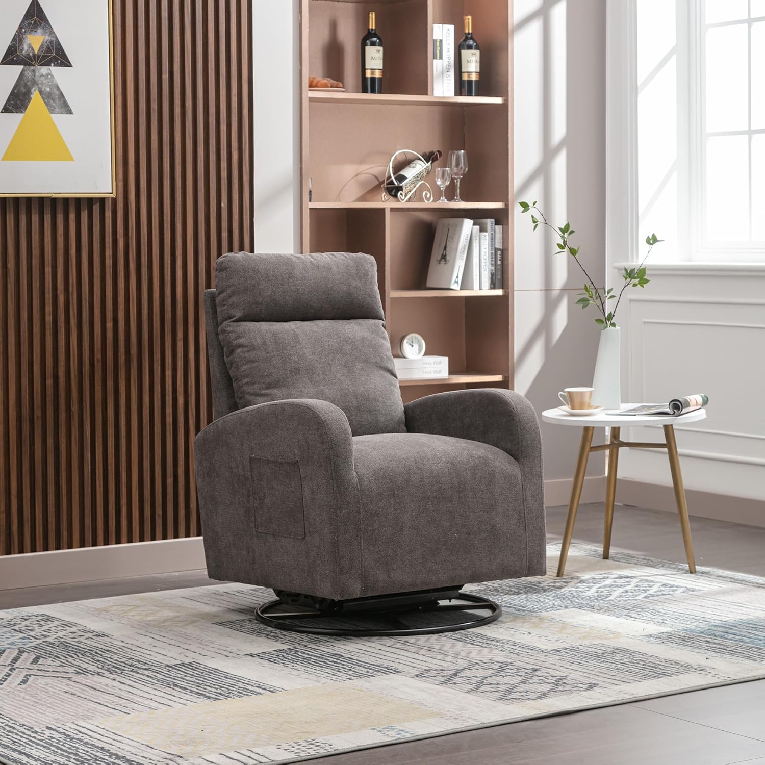 Corduroy Swivel Glider Recliner Chair with 360° Rotation, 30° Rocking, Blue (Dark Gray+Linen+Foam)