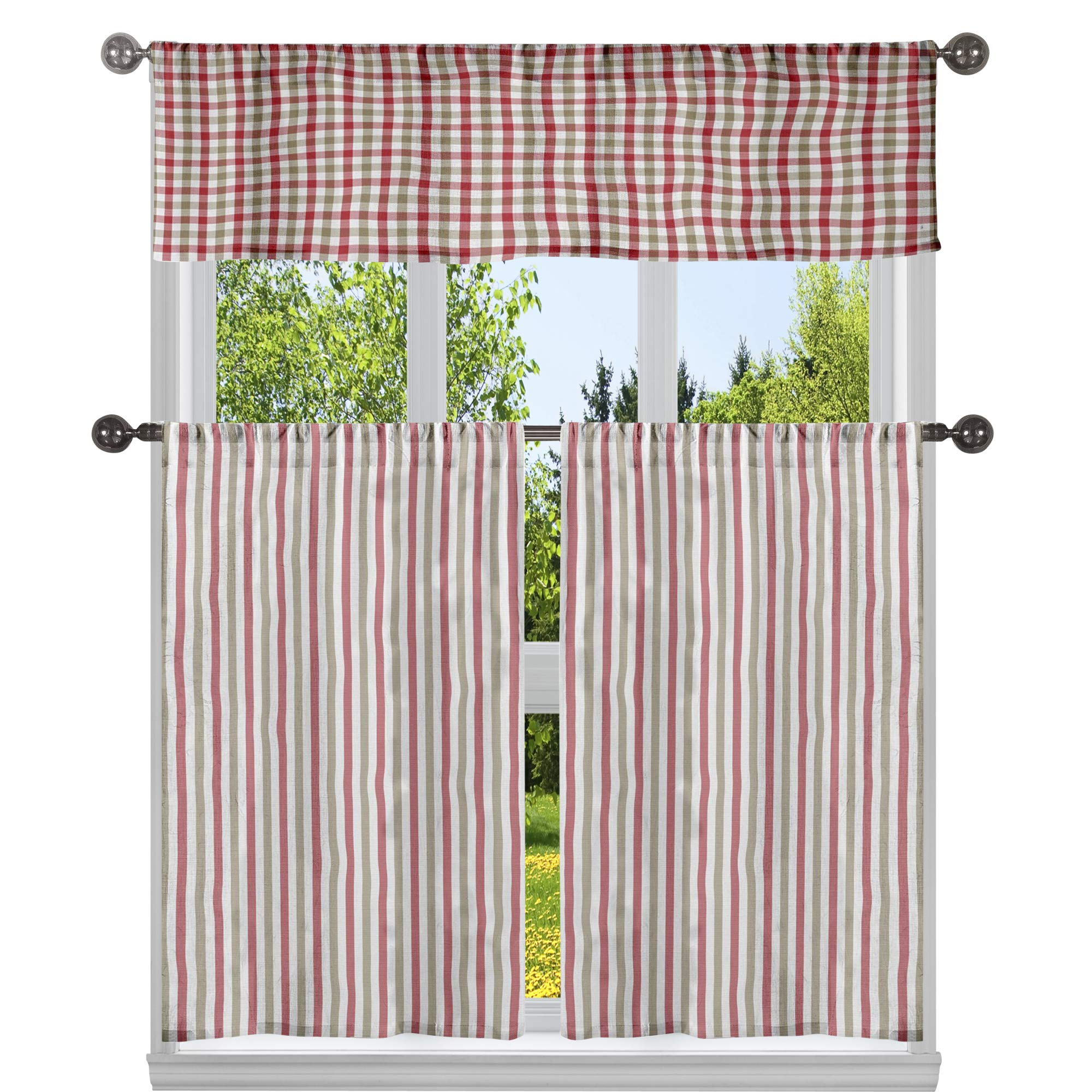 Juego de cortinas Buffalo Check y estantes en diseño de cuadros granate 56x15