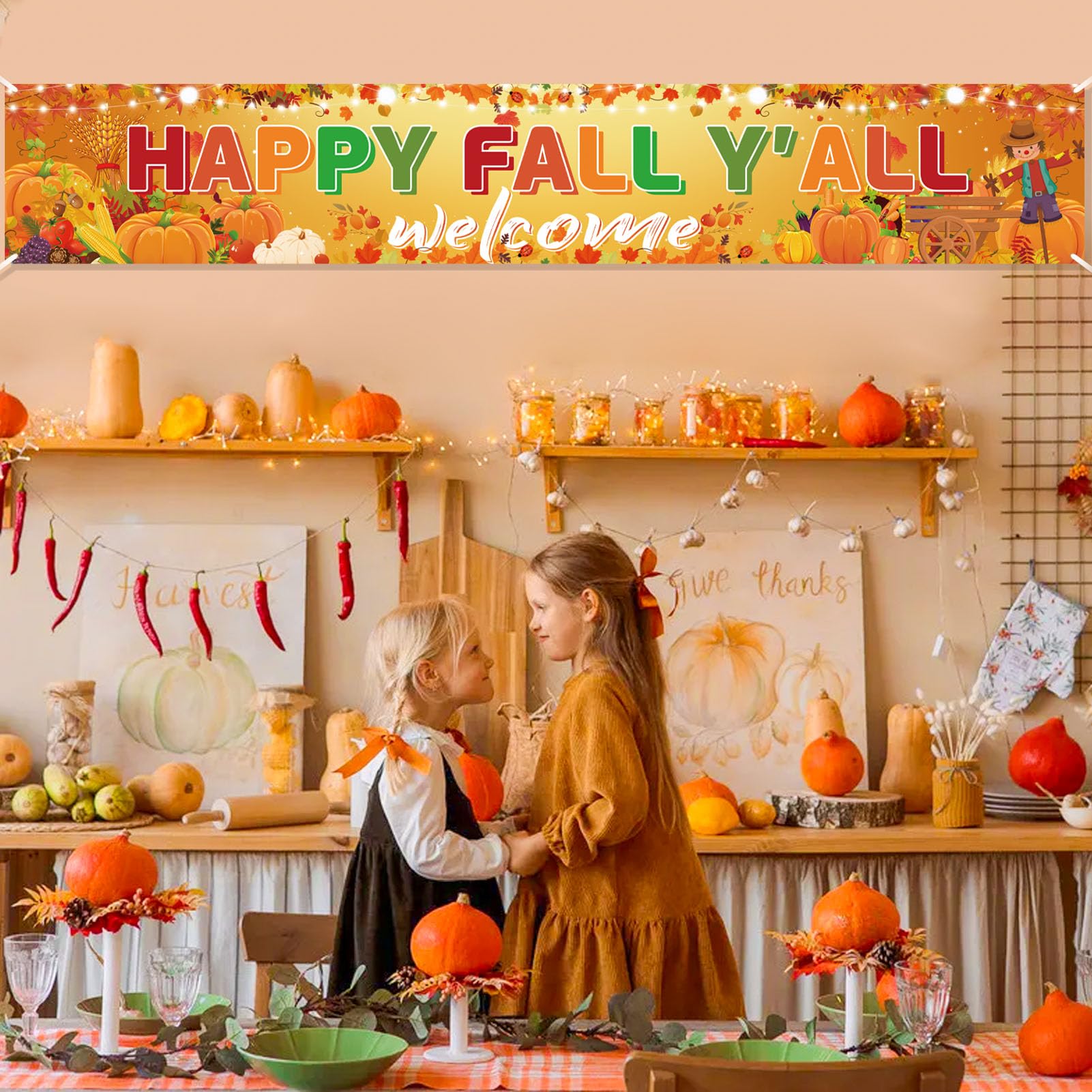 Happy Fall Banner Decorations - 8.2ft Give Thanks Thanksgiving Autumn Party Decor