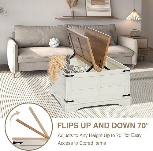 Miniatura 4 de Wnutrees Mesa de centro de granja con parte superior elevadora con bisagras y gran compartimento de almacenamiento oculto, mesa central de madera