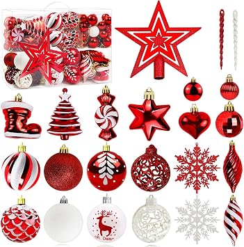 132Pcs Christmas Balls Ornaments Set,Shatterproof Plastic Baubles Christmas Decorations with Hanging Strings for Xmas Tree Decor Holiday Wedding Outdoor Party, Red