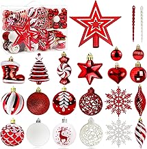 132 Pcs Red Gold Plastic Christmas Balls with Star on Top of Spruce Christmas Tree Decorations with Crochet Reusable Christmas Decorations