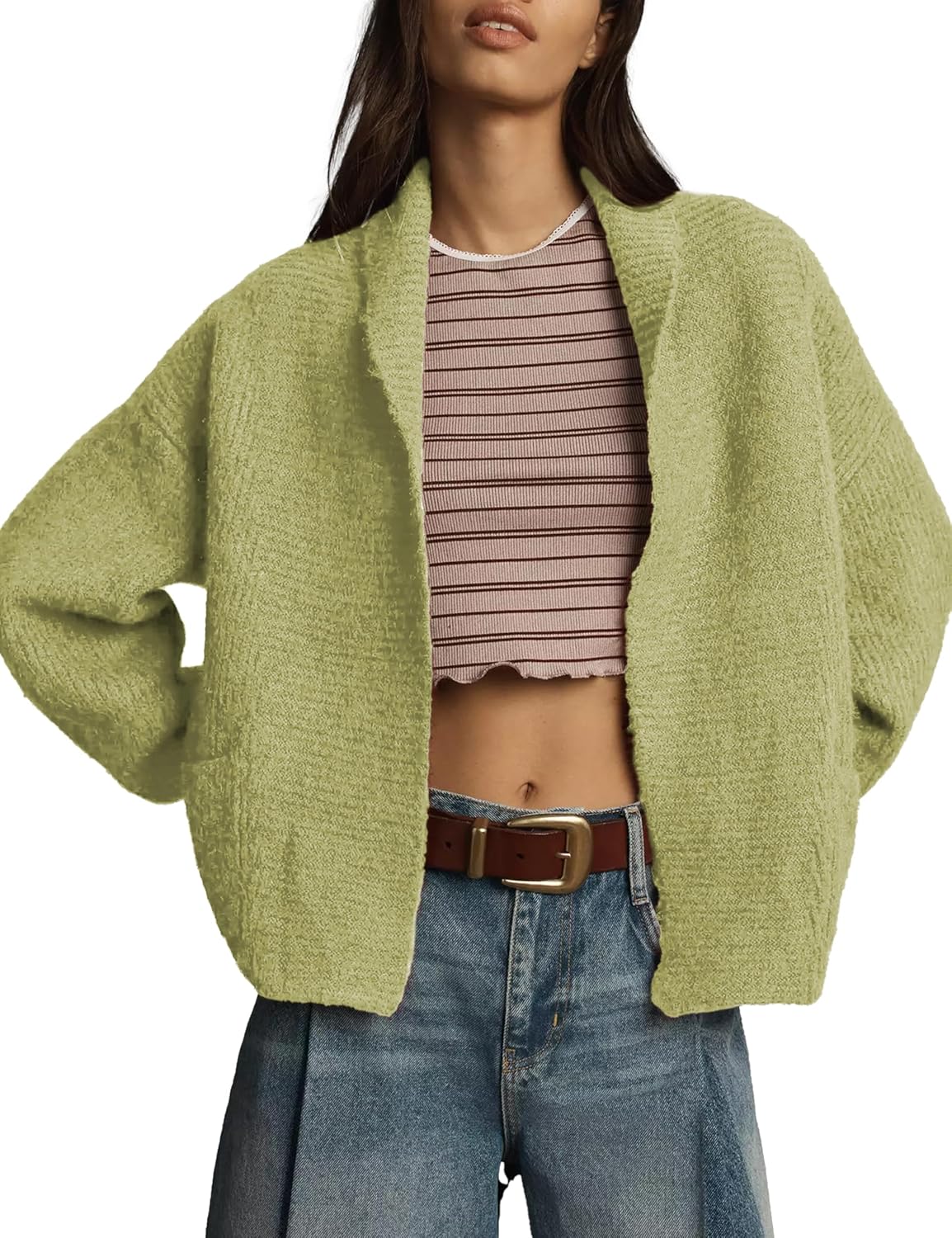 Shawl Collar Cardigan for Women Cropped Open Front Sweater Loose Casual Knitwear Chunky Knit Jacket with Pockets - Image 2