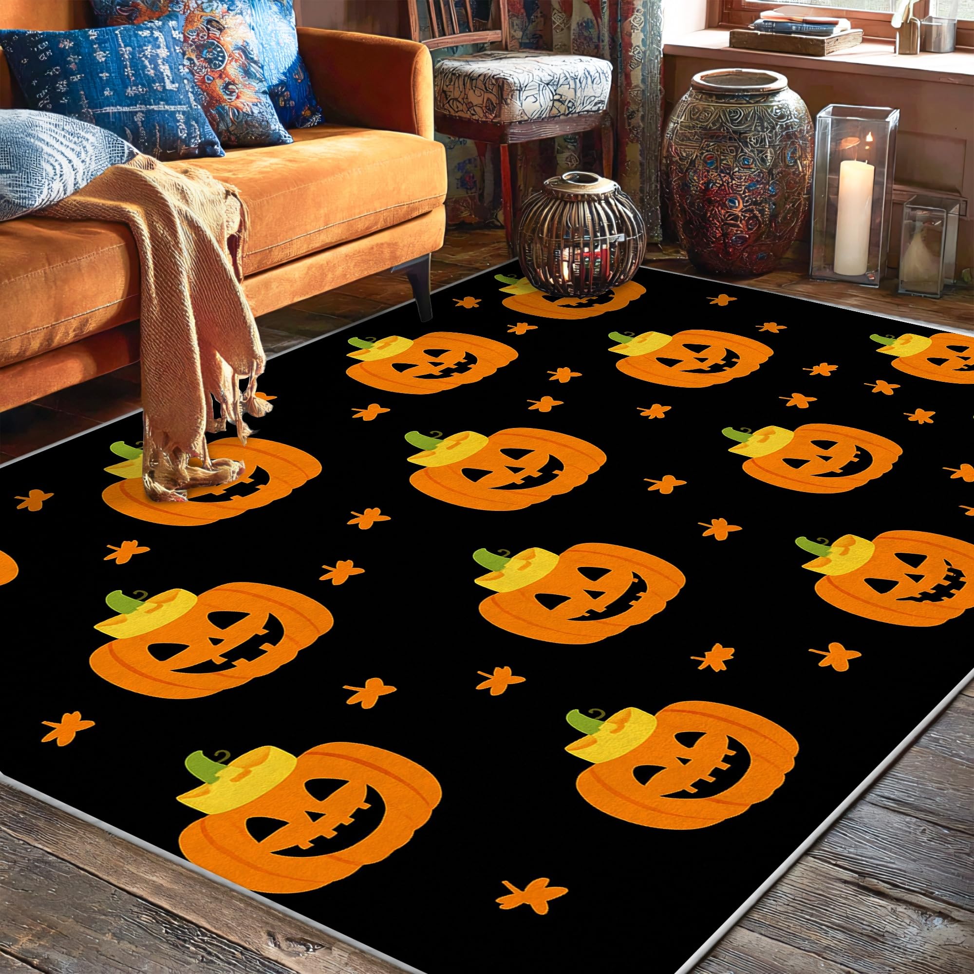 Tapis de citrouille pour salon chaleureux au design de feuille orange