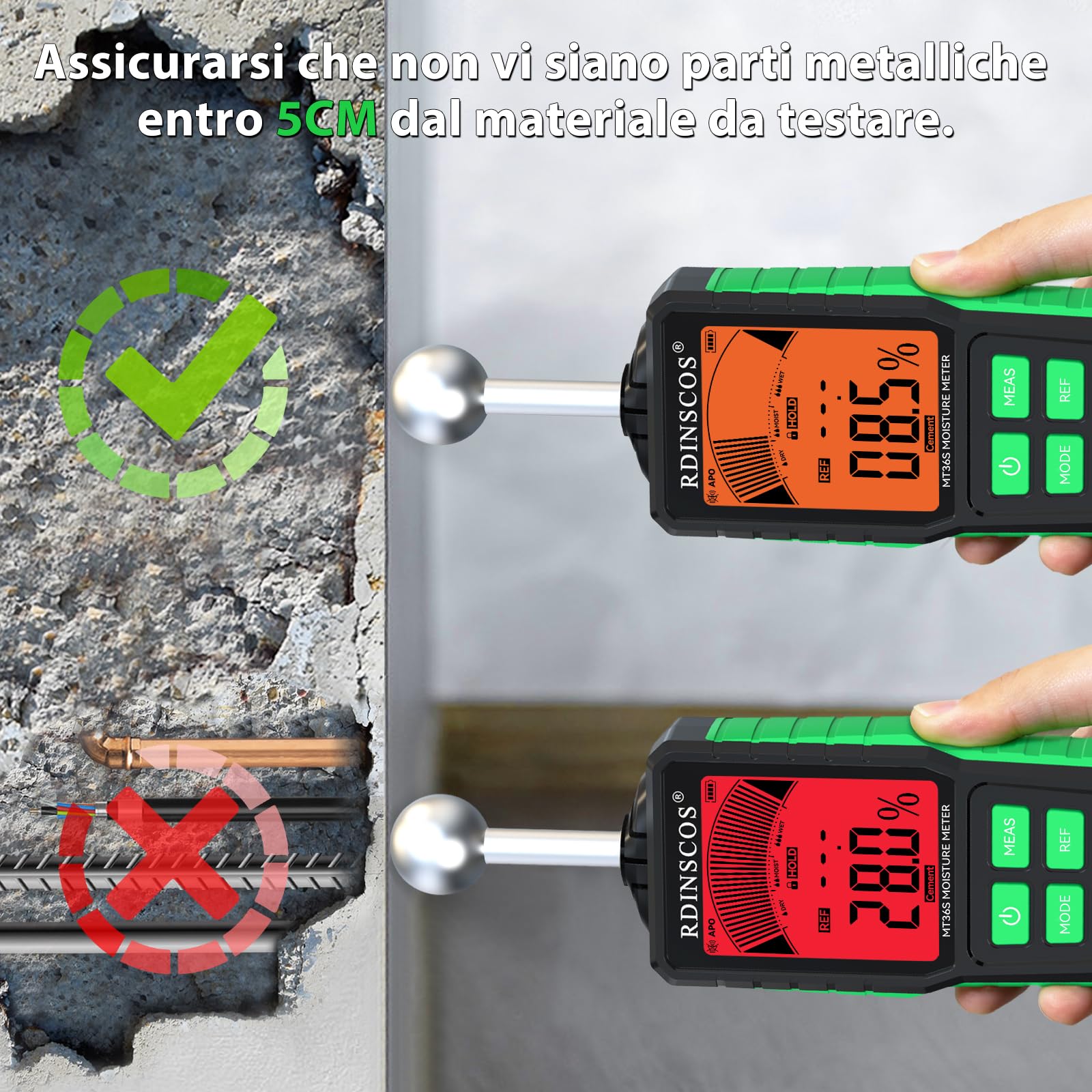 Misuratore di Umidità RDINSCOS Misuratore Umidità Muri con LCD a Colori e Allarme Acustico Rilevatore di Umidità 20-40mm Analisi di Profondità di Umidità per Muri,Pareti, Intonaco, Muratura