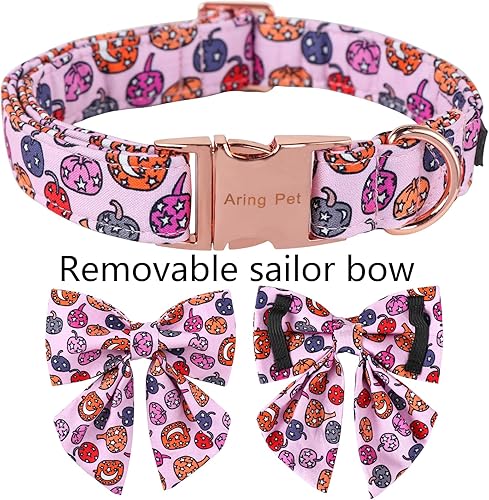 Miniatura 3 de ARING PET Collar de perro de Halloween, lindo collar de calabaza rosa con corbatín marinero, collar de algodón con lámpara de calabaza de Halloween