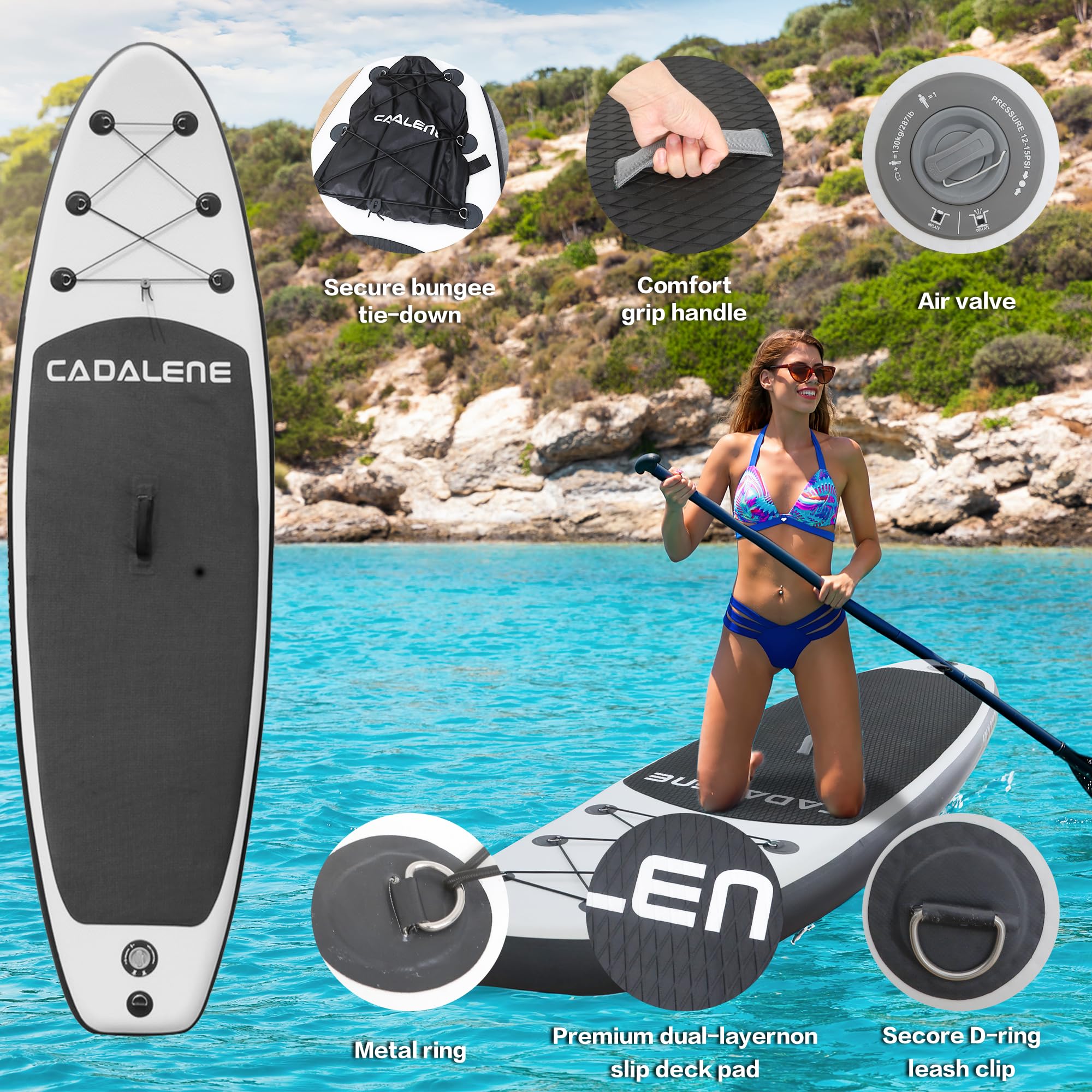 CADALENE Inflatable Stand Up Paddle Board with SUP Accessories, Inflatable Paddle Board for Adults & Youth of All Skill Levels, Adjustable Paddle, Hand Pump, Leash, Nonslip Deck, Repair Kit