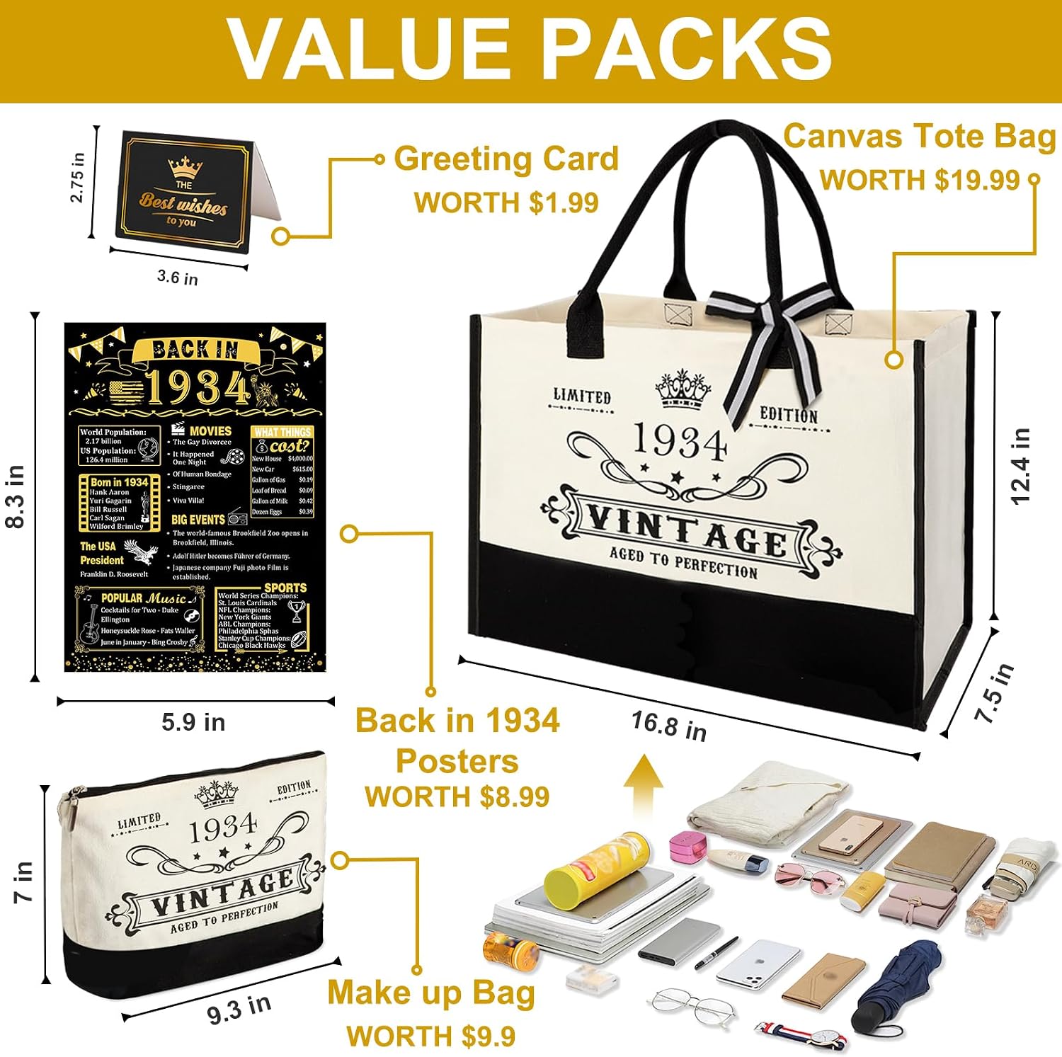 YeohJoy 92nd Birthday Gifts for Her Canvas Tote Bag Travel Gear, Unique 92 Years Old Birthday Gifts for Wife Women Sister Grandma Friends Her, Vintage 1934 Handbag & Makeup Bag & 92nd Greeting Card