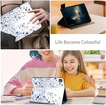 Case for iPad Pro 11 Inch (M5 2025 / M4 2024), Slim PU Leather Folio Stand Cover, Full Body Protective Shell with Auto Wake/Sleep, Blue Blossoms Flowers