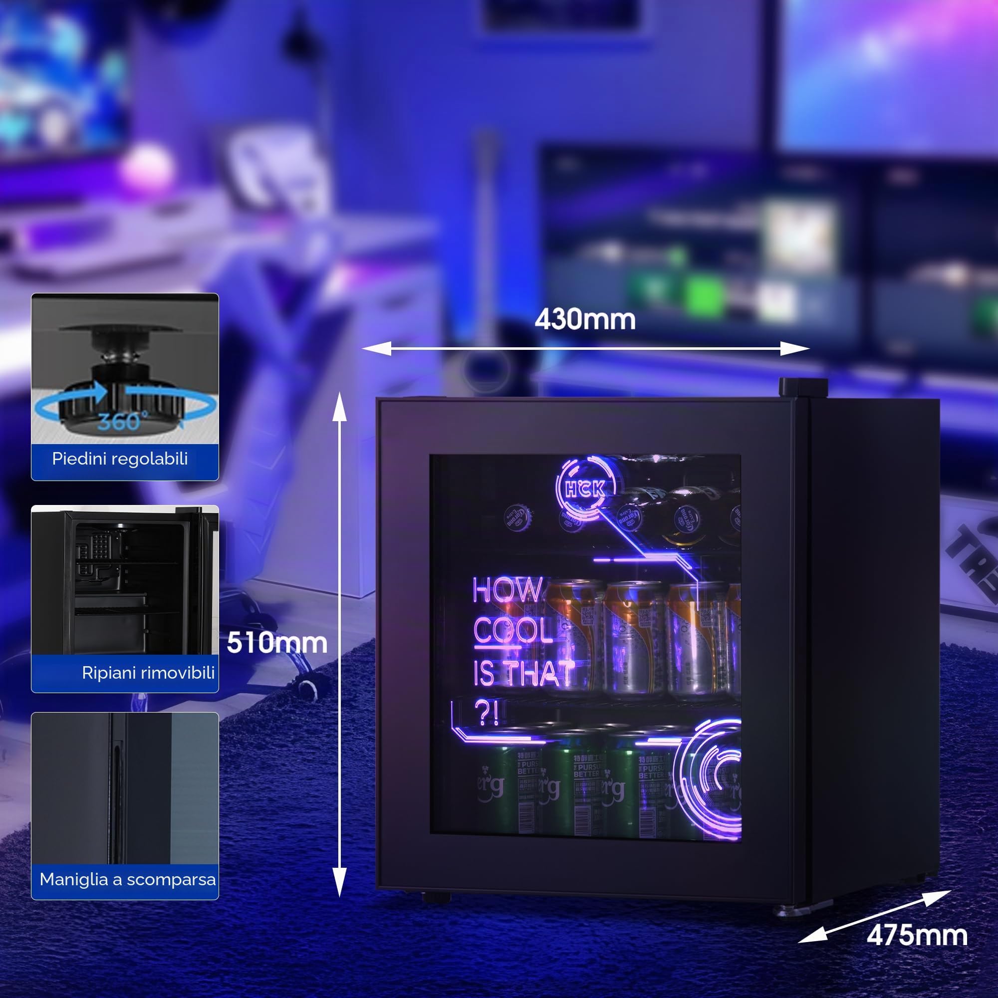HCK Mini Frigo, Refrigeratore Bevande 48L, Frigorifero Piccolo con Illuminazione Moderna Cyberpunk, Mini frigorifero da 0 a 15°C, Porta a Vetro,per Sala Giochi, Festa, Nero
