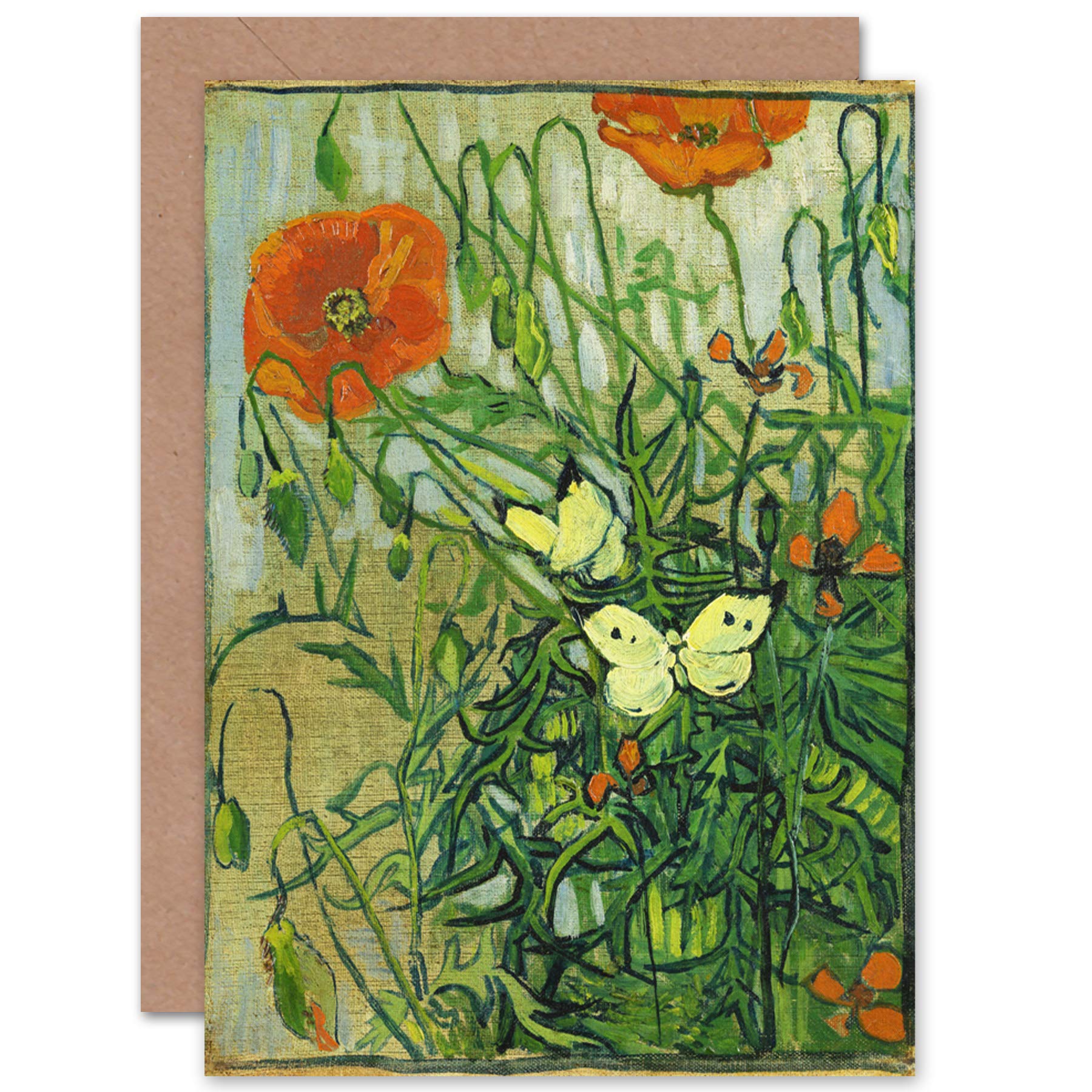 Artery8 Greeting Card - Vincent Van Gogh Butterflies & Poppies - Green