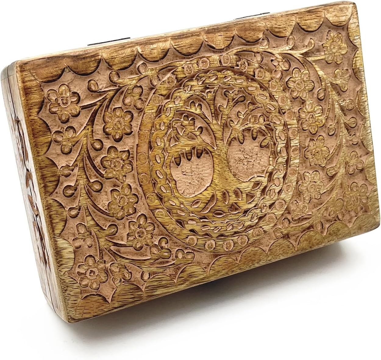 Wooden Jewelery Box Decorative Box with Life of Tree Carving - Antique Design for Sister Birthday Gifts, Jewelry Organizer Gifts For Women Birthday Unique, wooden Handmade love Gift (Peach)