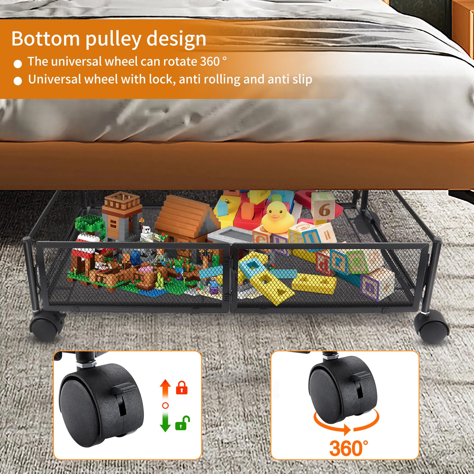 2 P portaoggetti sotto letto con rotelle, scatola portaoggetti sotto letto, cassettiera sotto letto pieghevole in metallo, scatole portaoggetti sotto letto per sotto divano, sotto tavolo (60 x 40 x 17
