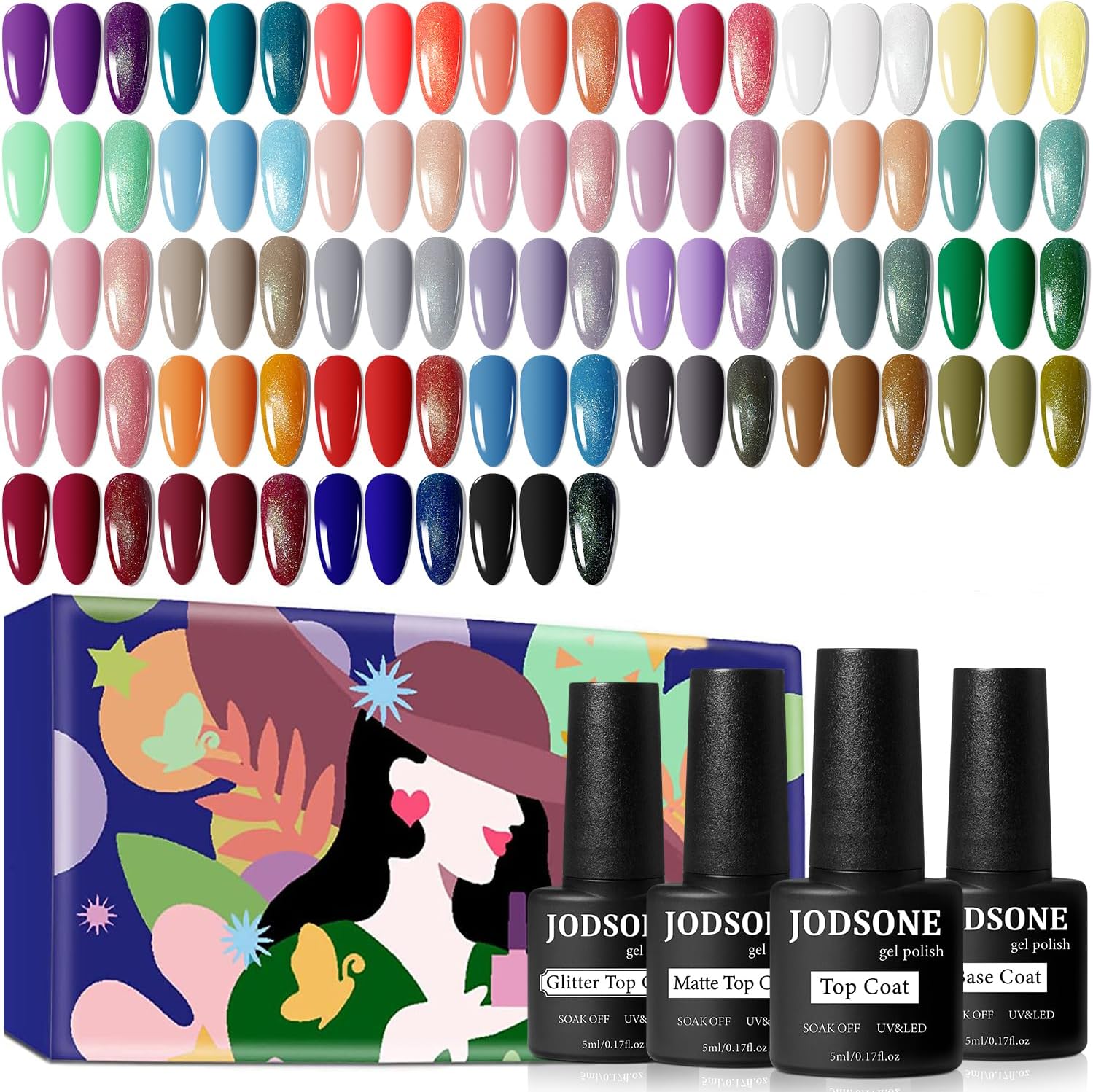 JODSONE Gel Nail Polish Set, 32+4 PCS Classic White Black Red Purple Pink Blue Gel Polish Set with Base Top Coat Suitable for All Seasons Soak Off Nail Varnish Kit Nail Salon Set Gifts for Women