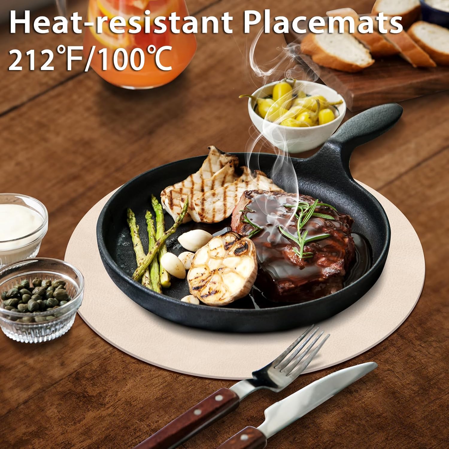 ADRIMER Placemats, Heat Resistant Round Placemats Set of 8 Washable, Waterproof Table Mats, Wipeable Faux Leather Place Mats for Kitchen, Dining Room, Beige