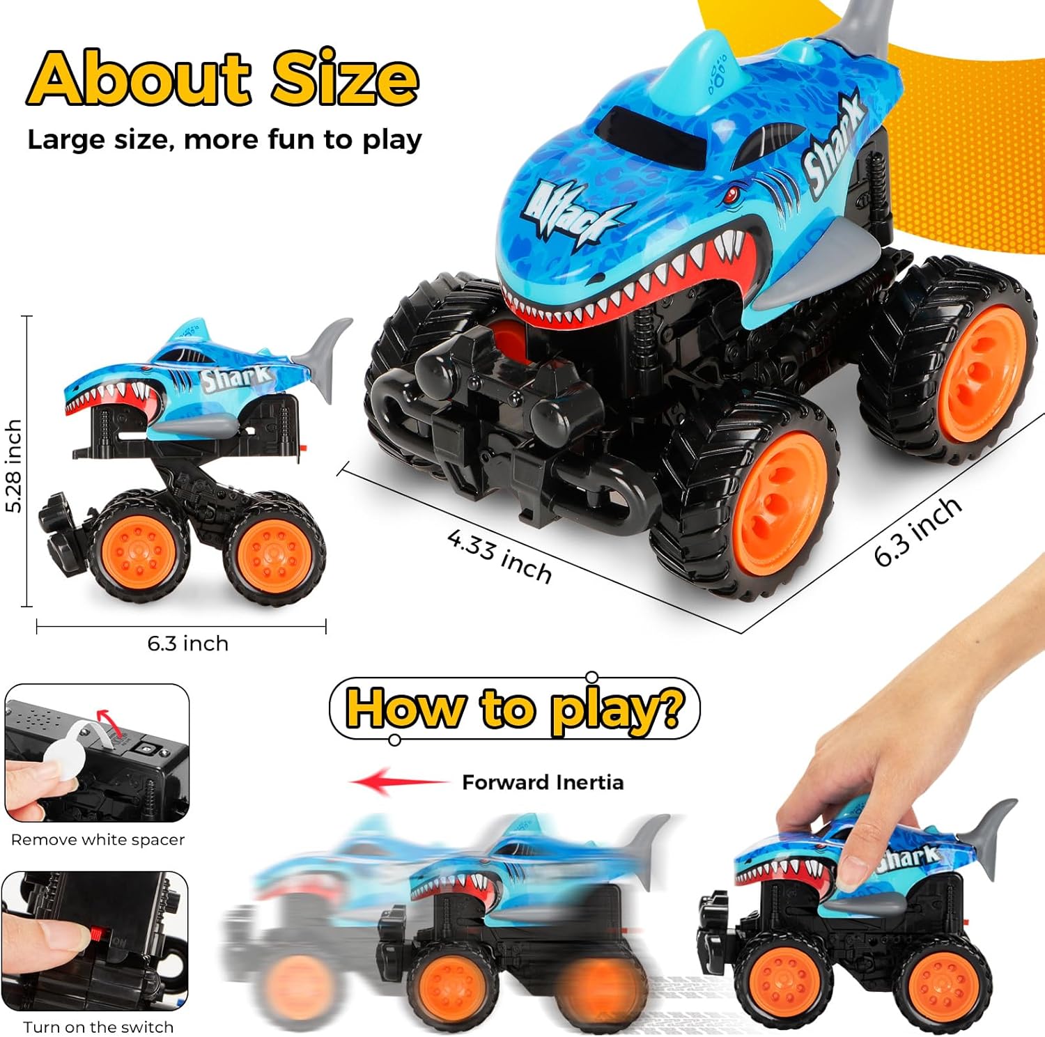 2 Pack Exploding Monster Truck Toy with Interchangeable Dinosaur & Shark Bodies, Friction-Powered Light-Up Cars with Sounds, Birthday Gift for Boys Ages 4-7, Easter Basket Stuffer, Kids Car Toys - Image 2