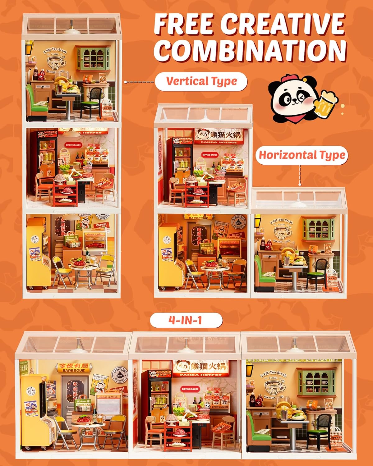 Rolife Super Creator Series, DIY Mini Panda Hot Pot Dollhouse House Kit, Bulid Scenary for Action Collectible Figures, Creative Gifts for Women Adults