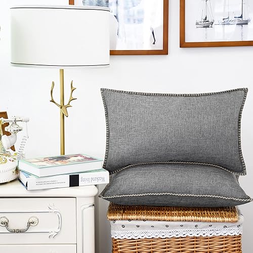 Miniatura 10 de CaliTime Juego de 2 fundas de almohada de algodón con bordes cosidos de hilo de algodón, 2 tonos, de lino rústico, para sofá, decoración del hogar,