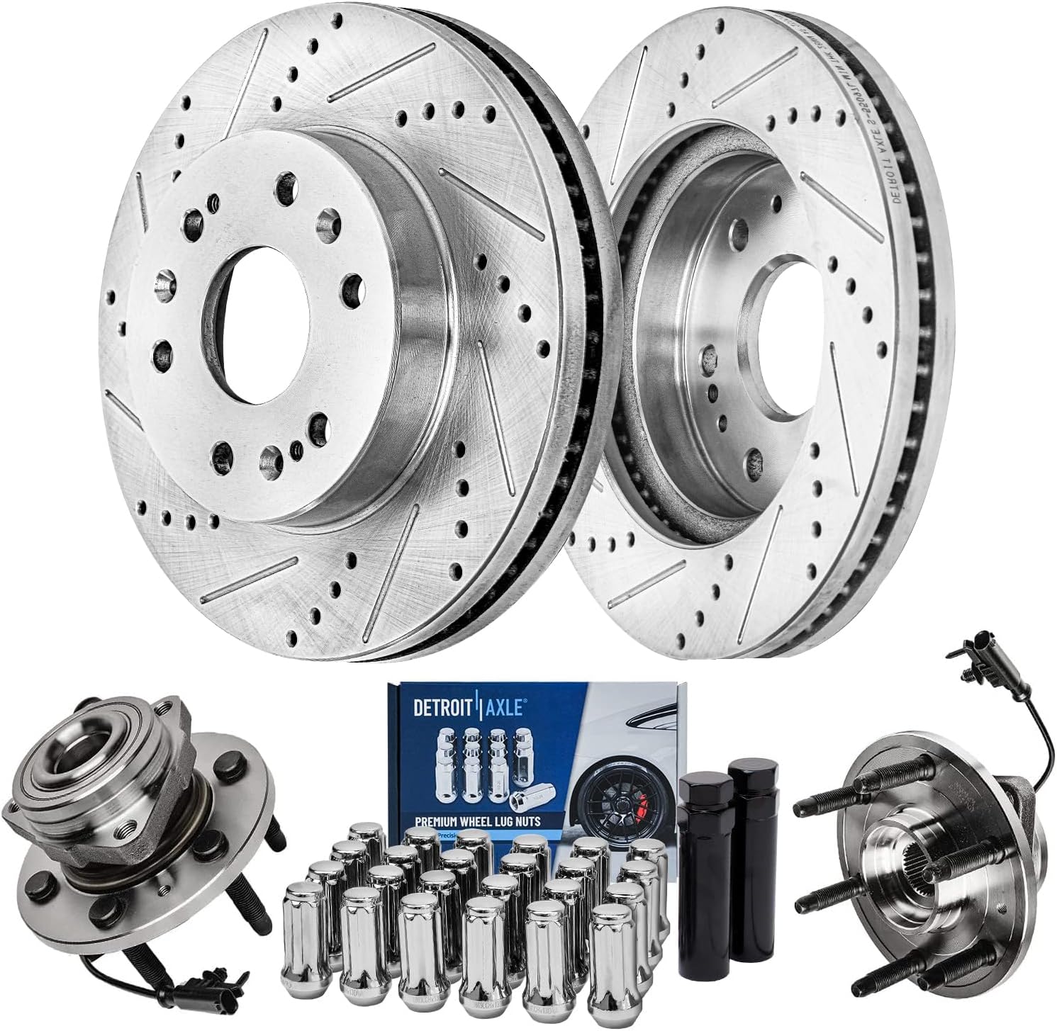 Detroit Axle - Front Drilled Rotors Wheel Hubs + 24pc Lug Nuts w/keys Replacement for Suburban Silverado Sierra Yukon XL 1500 Escalade - 30pc Set