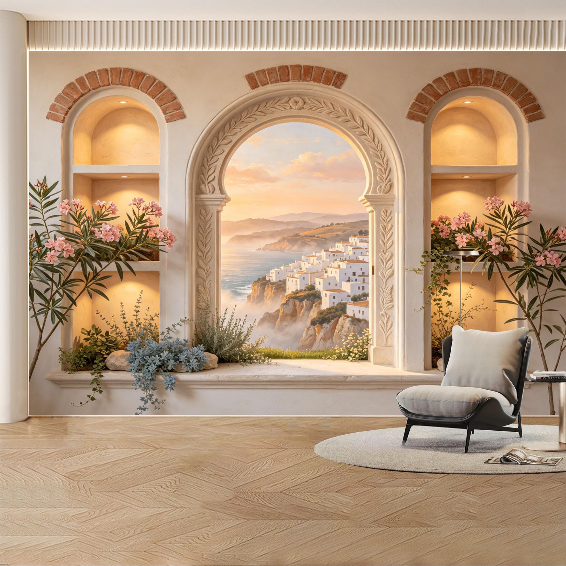 Kayorowalls Bh20260620021 Custom Wall Mural Wallpaper Coastal Village Landscape Nature Wall Decor Large Wall Art Mediterranean Sunset Minimalist Removable Selfadhesive Large Photo For Living Room， Bedroom， Office