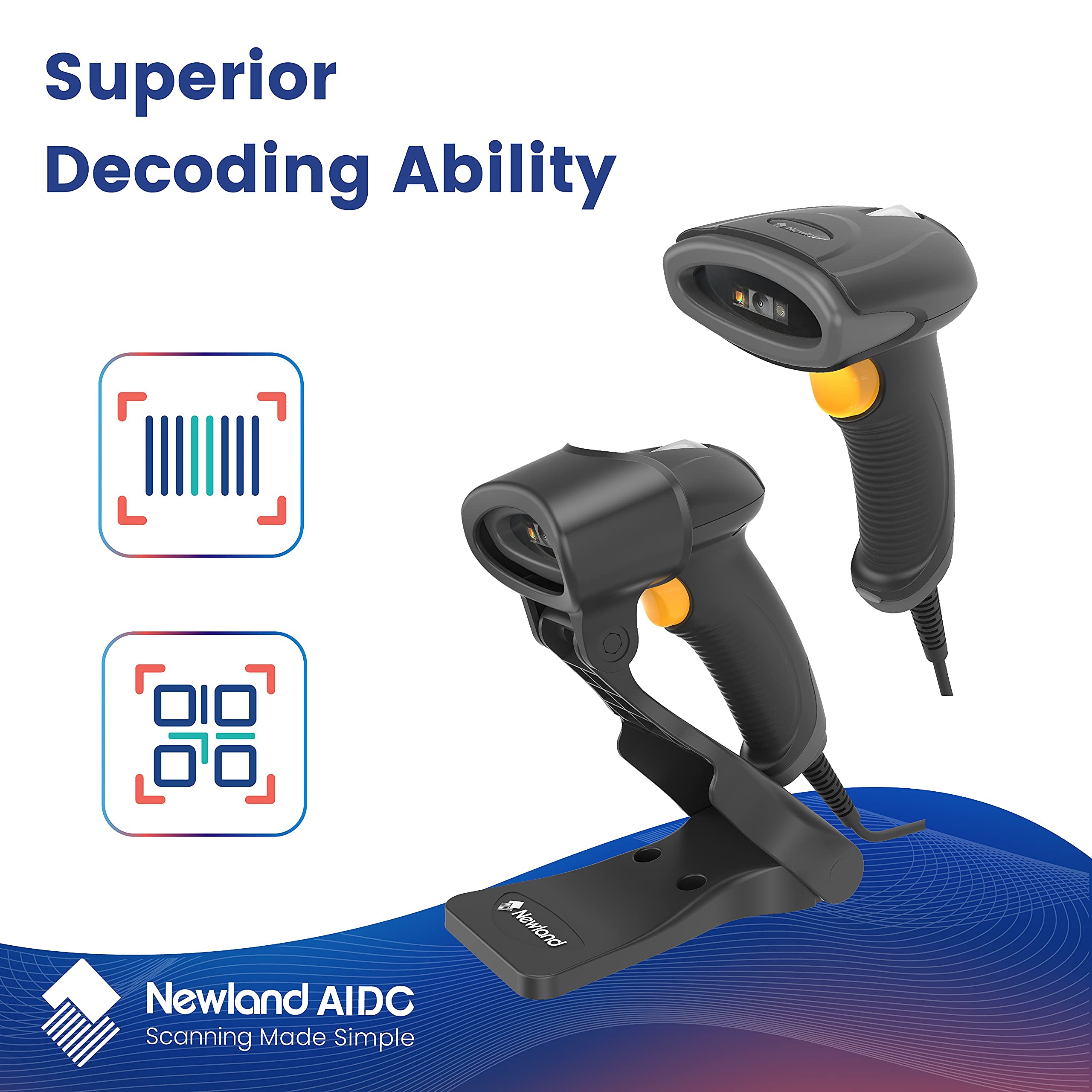 Newland 2D Barcode Scanner Handheld Wired QR PDF417 Data Matrix 1D Bar Code Scanner Reader with Adjustable Stand Extremely Fast and Precise Auto Scan Support Windows/Mac/iOS/Android/Linux/Pos System 3