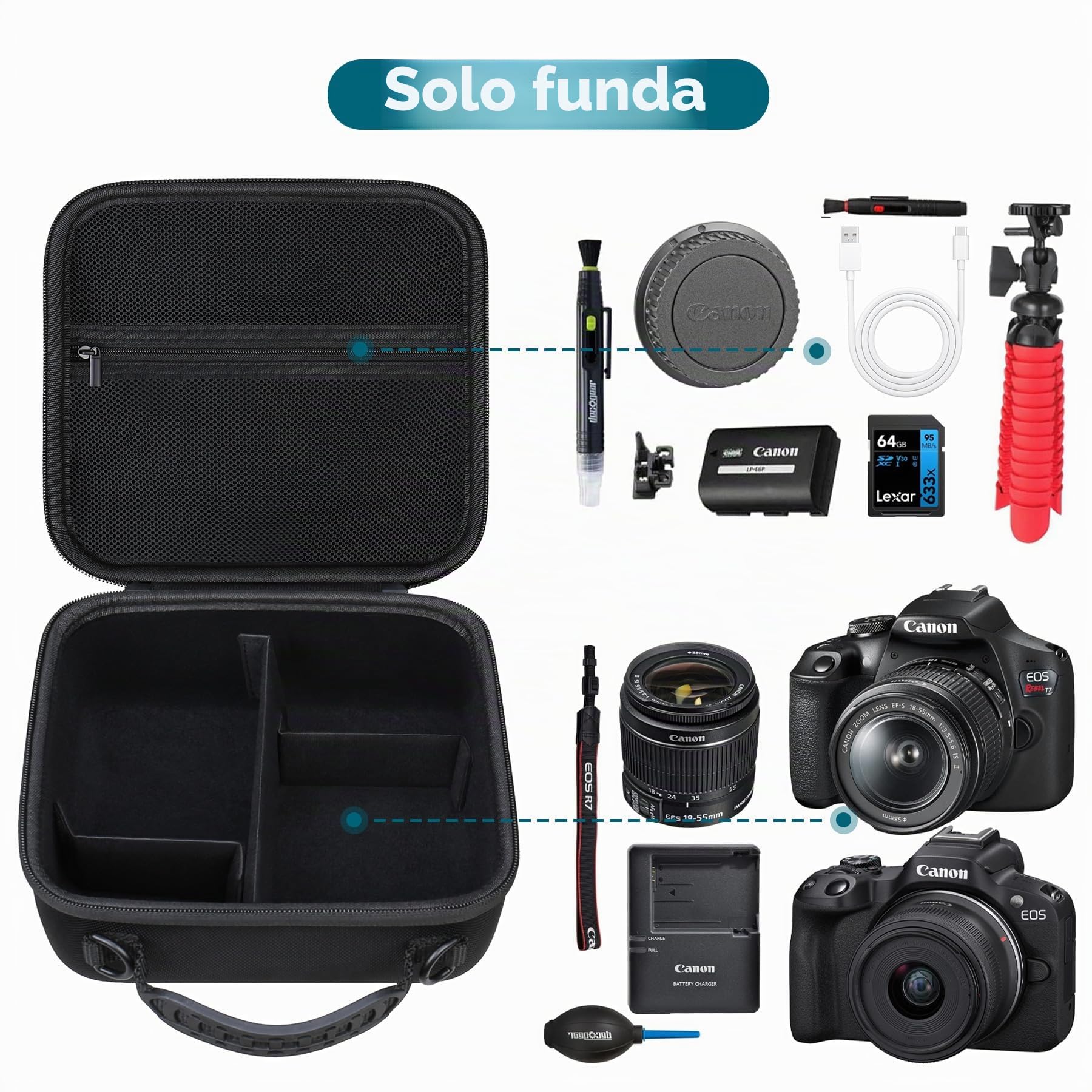 Canboc Funda cámara réflex Digital Canon EOS Rebel T7/ R50/ R50 V/ R6 Mark II/ R100/ R8/ R7/R5/90D/5D Mark IV y Objetivo de 18-55 mm, con Correa para el Hombro y 3 separadores, Negra (Solo Funda)