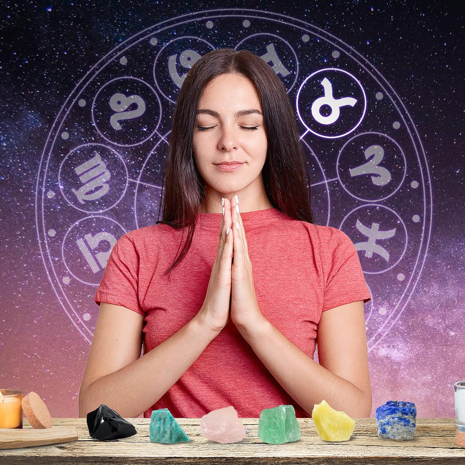 Taurus Healing Crystals Gift Ideas 12 Zodiac Signs Natural Healing Crystals with Horoscope Box Set, 6 Crystal Stones, 1 Zodiac Bracelet and Info Guide Taurus Gifts for Women