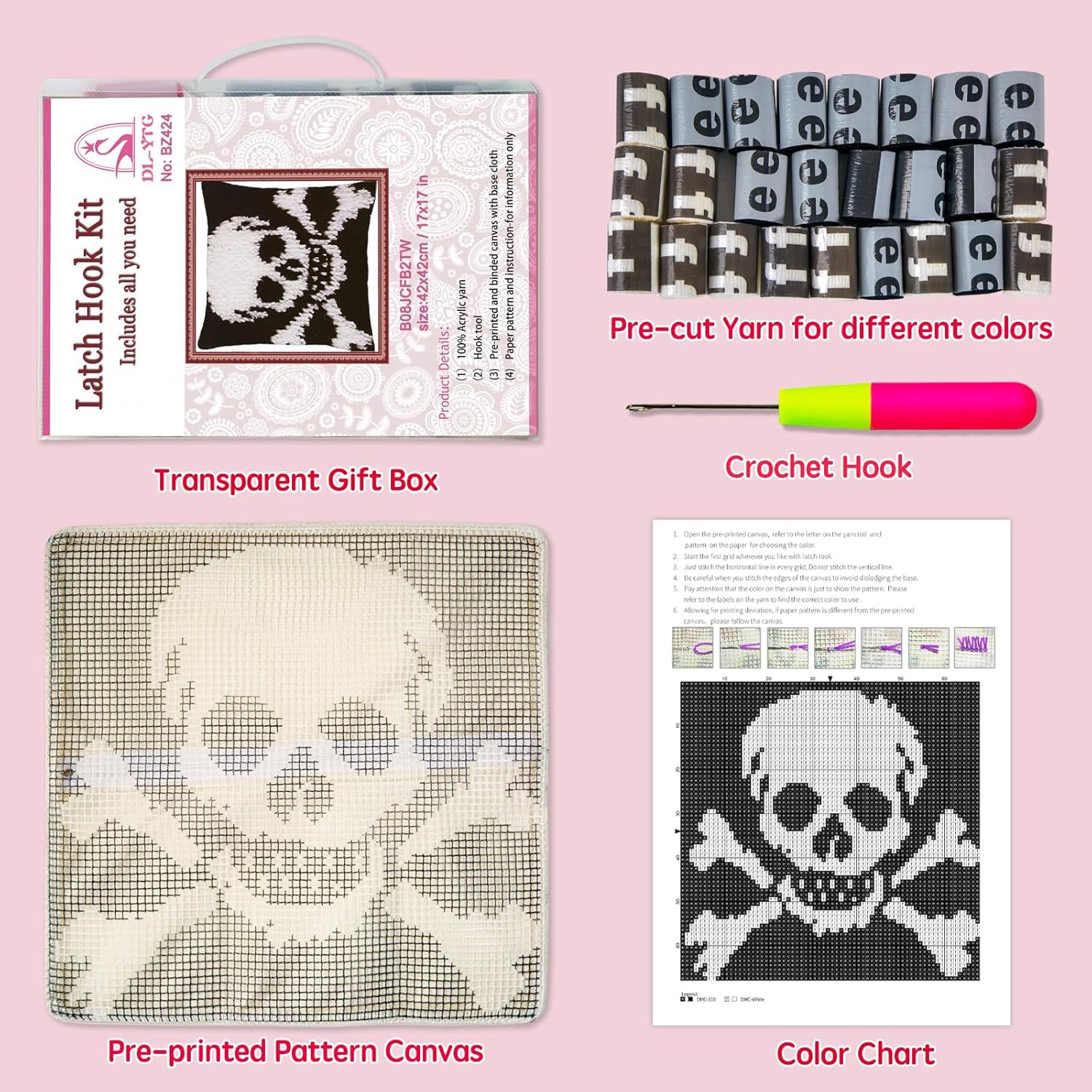 DL-YTG Latch Hook Kits Pillow Black Skull Crochet Yarn Cushion Colour Printed Canvas Rug Needlework DIY Pillowcase Hook and Latch Kit Christmas Home Arts Crafts Sofa Decoration 42x42cm/16X16inch