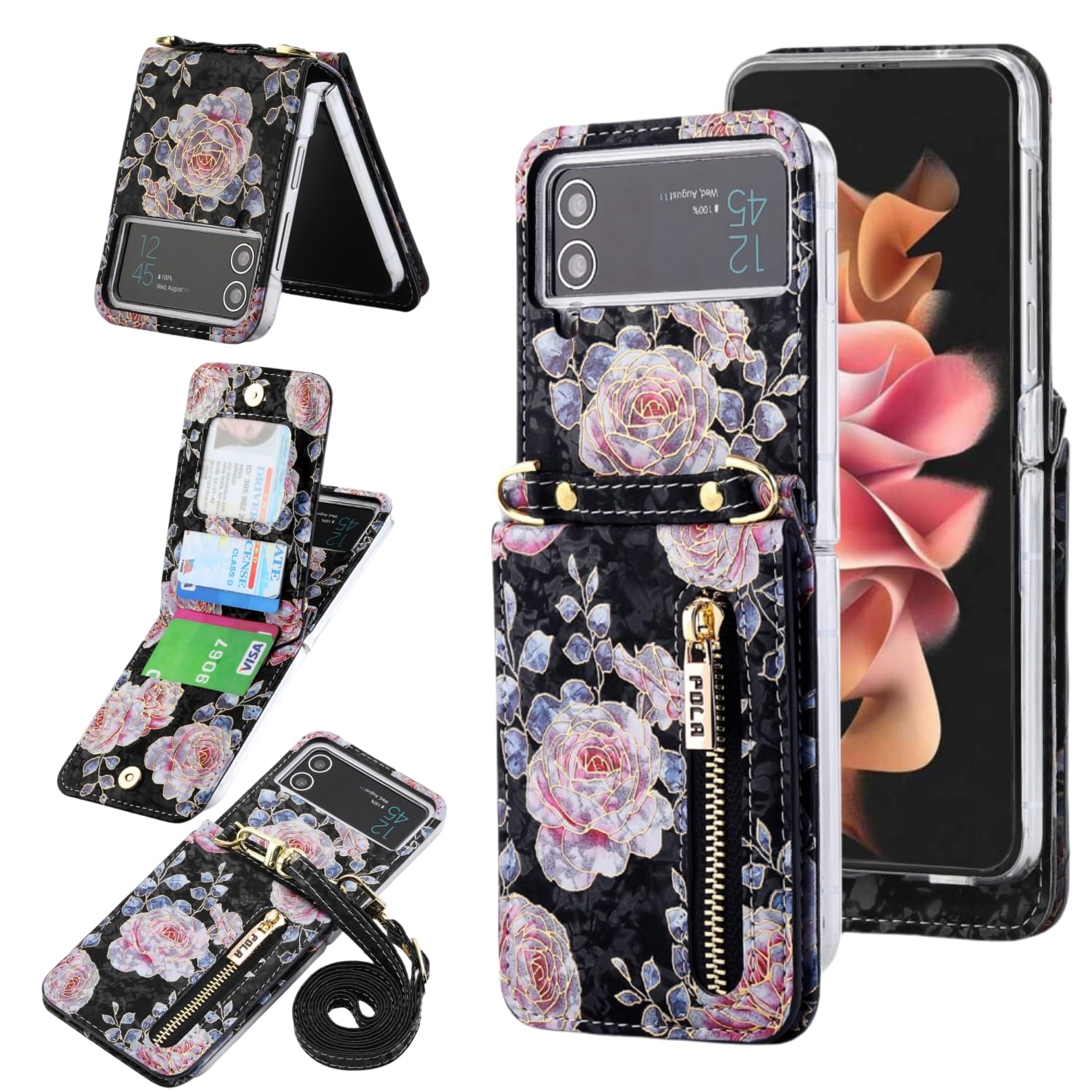 AJDJTEN Phone Case for Samsung Galaxy Z Flip 4 Wallet Phone Cover, Zipper Card Slots with Adjustable Crossbody Strap with Kickstand, Cute Rose Pattern