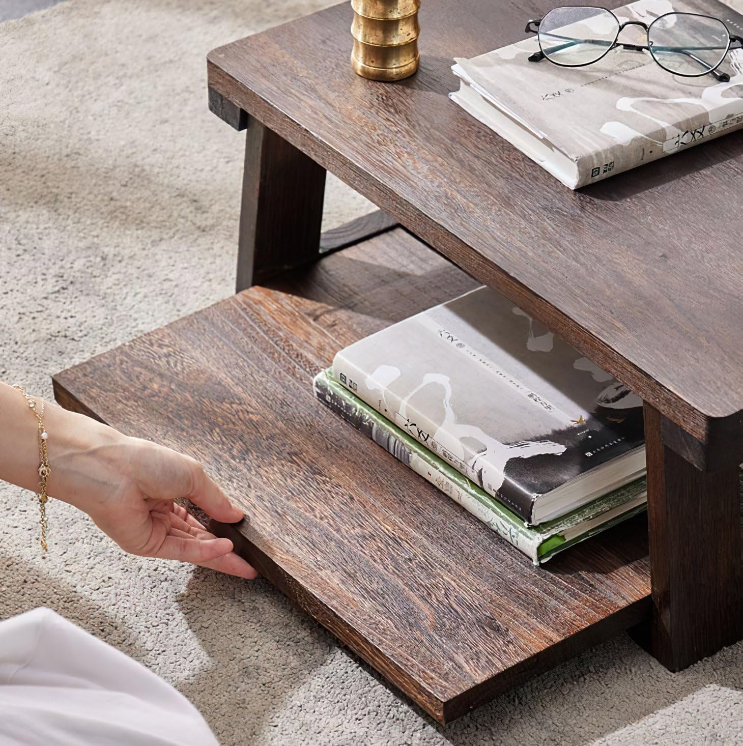 Altar Table for Spiritual,Folding Meditation Tables for Dining & Puja,Japanese Low Coffee Table for Sitting on the Floor (19.6x11.8x7.8 in, with Incense Burner 5Pcs Set)