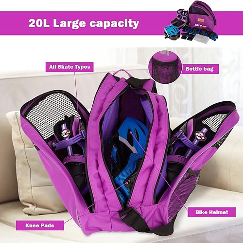 Miniatura 24 de Bolsa de patinaje con correa ajustable para el hombro para niños y adultos para sostener patines en línea y rodilleras Púrpura