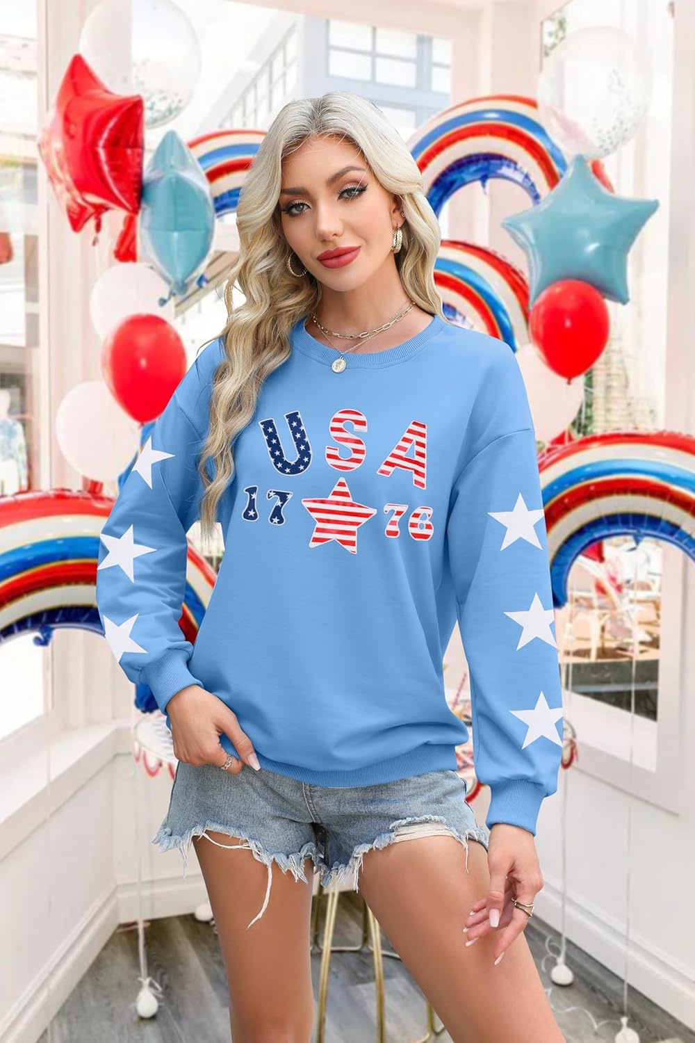 KIDDAD USA Sweatshirts for Women: American Flag Patch Sweatshirt 4th of July Shirt Patriotic Star Graphic Pullover Tops - Image 2