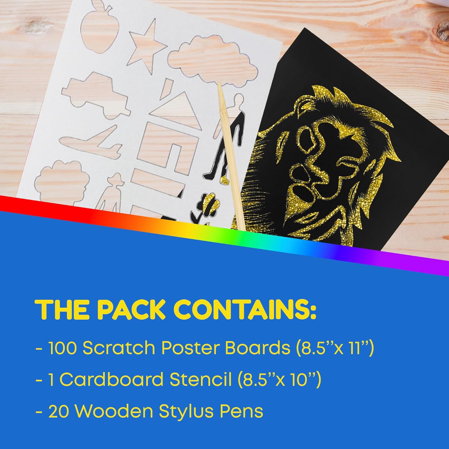 Hygloss 100 Sheets Scratch Art Fun, 8.5 x 11-Inch Black Matte Scratch Paper Art Set for Kids, Kit Includes 100 Silver or Gold Holographic Papers, and 20 Wooden Stylus Sticks