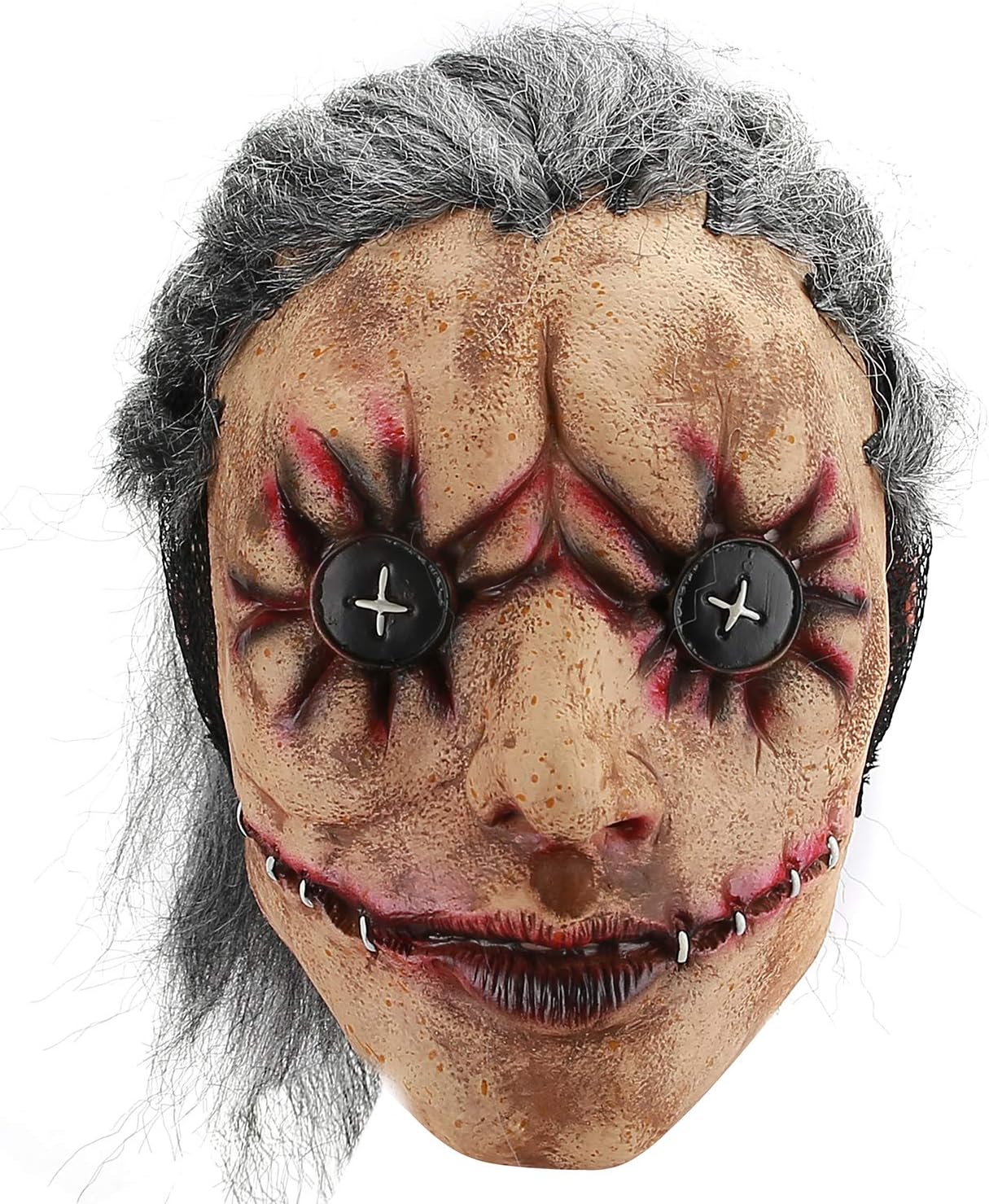 Hautton Halloween Face Mask, Men's Creepy Scary Face with Button-Eye Latex for Halloween Costume Party