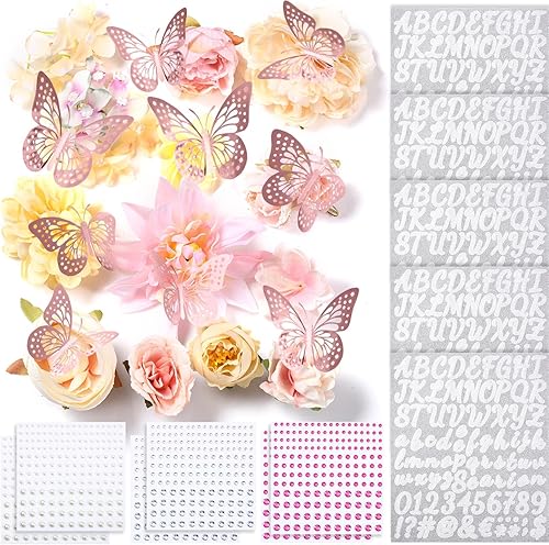 Hoteam Kits de decoración de gorras de graduación que incluyen cabezas de flores sintéticas, calcomanías de mariposa 3D, diamantes de imitación